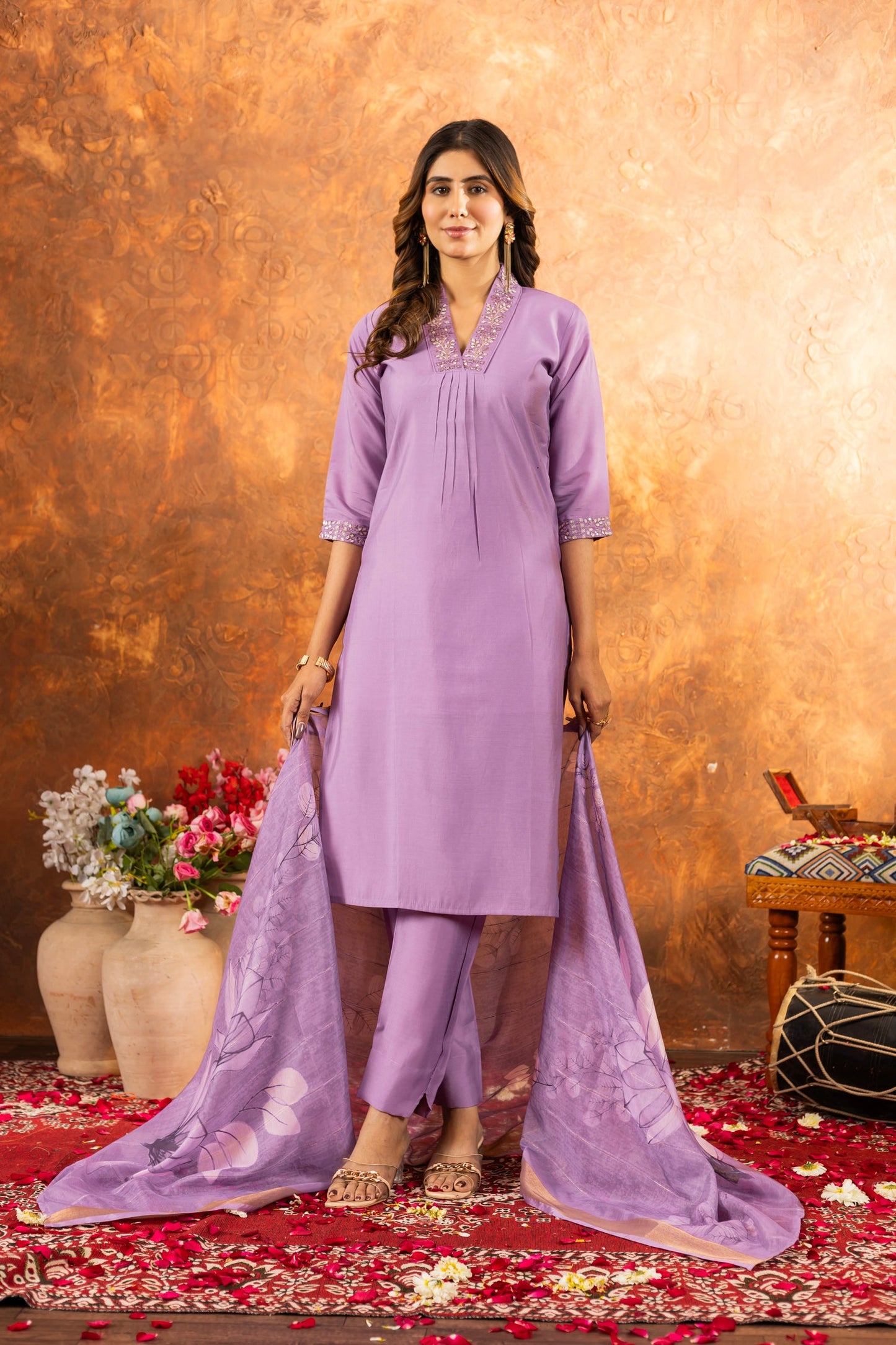 Lorenvalley Fashion Lavender Roman Silk Embroidery Sequins with Hand work Kurta Pant Dupatta | Swadesiicart