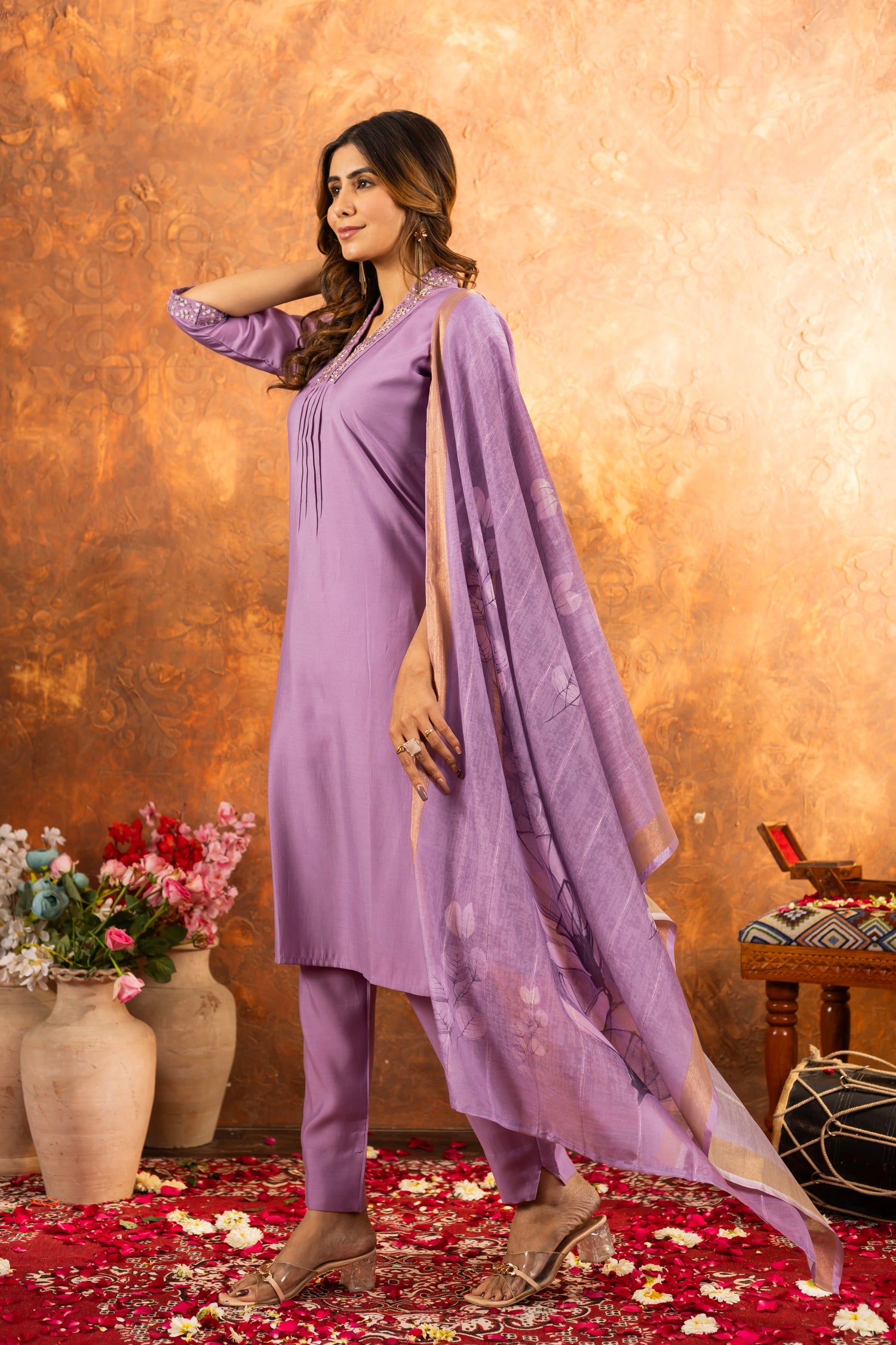 Lorenvalley Fashion Lavender Roman Silk Embroidery Sequins with Hand work Kurta Pant Dupatta | Swadesiicart