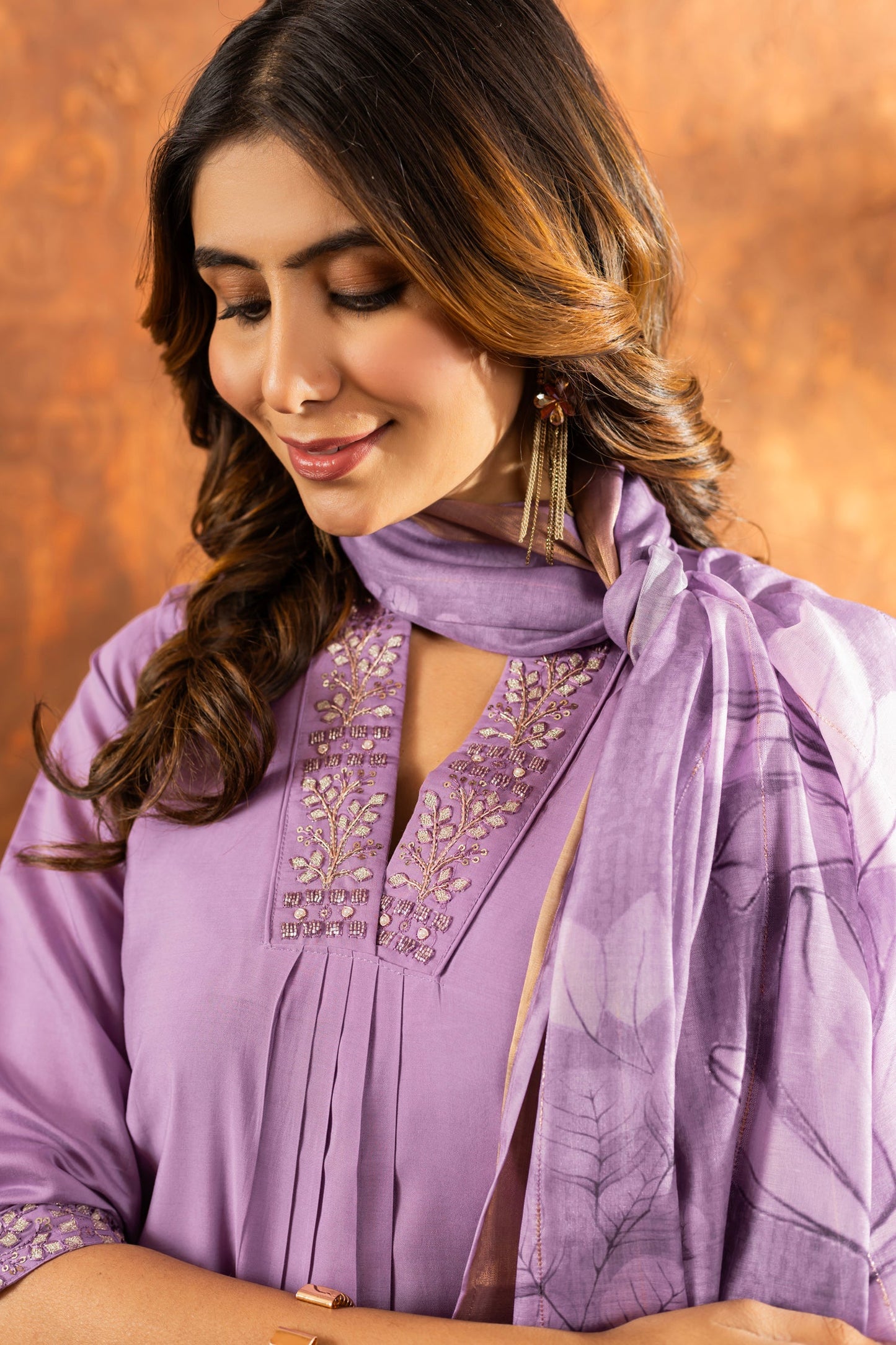 Lorenvalley Fashion Lavender Roman Silk Embroidery Sequins with Hand work Kurta Pant Dupatta | Swadesiicart