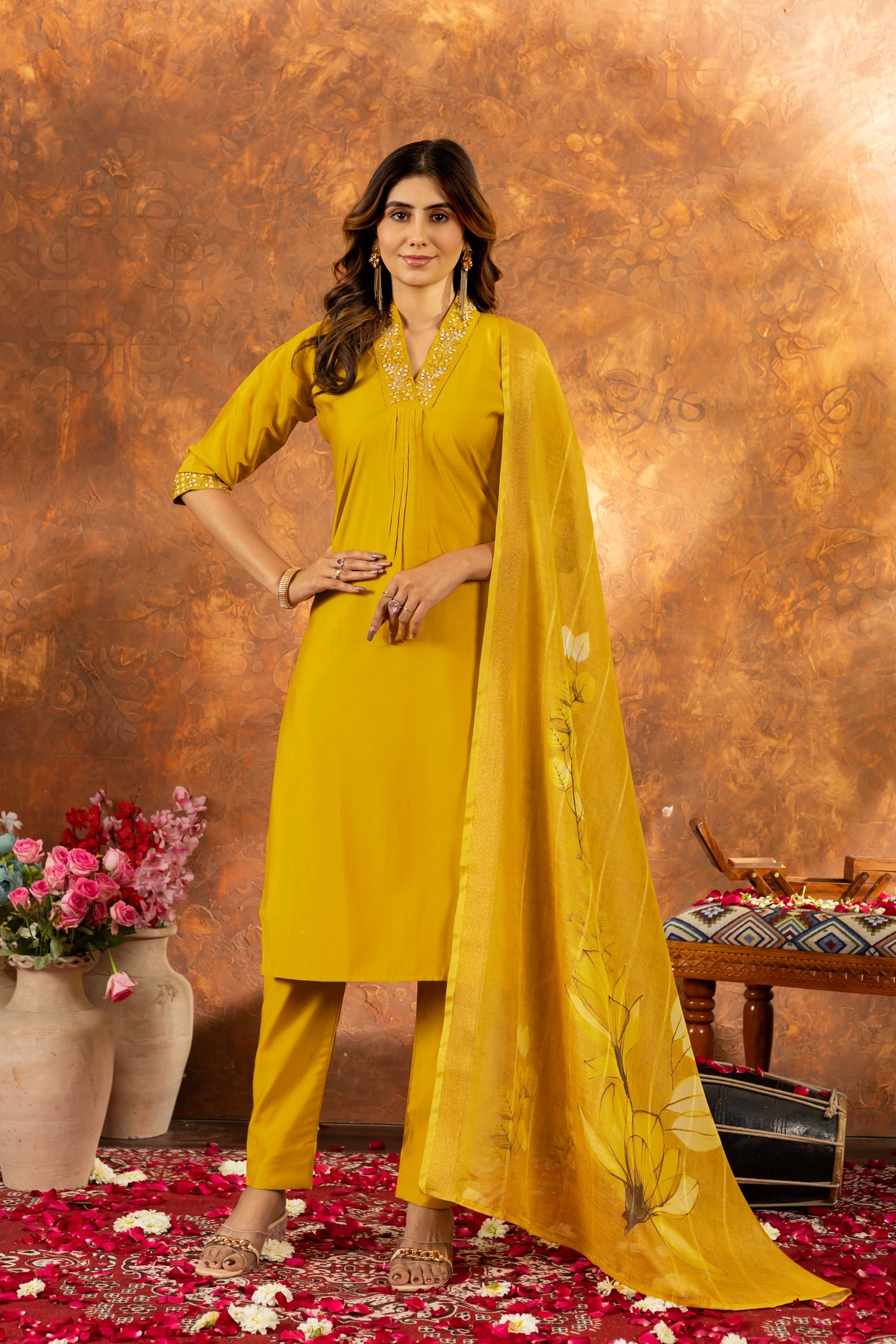 Lorenvalley Fashion Mustard Roman Silk Embroidery Sequins with Hand work Kurta Pant Dupatta - Swadesiicart