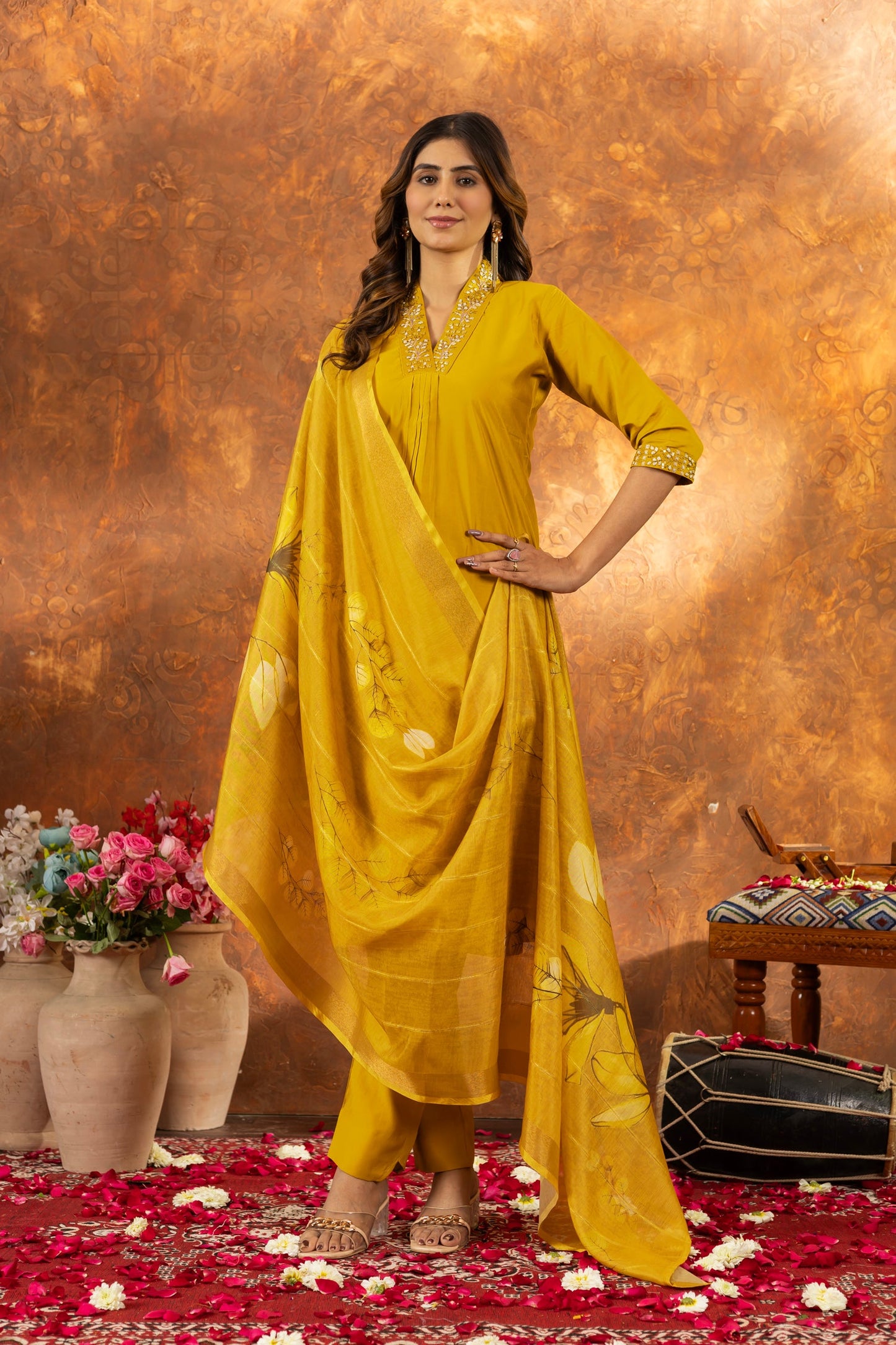 Lorenvalley Fashion Mustard Roman Silk Embroidery Sequins with Hand work Kurta Pant Dupatta - Swadesiicart