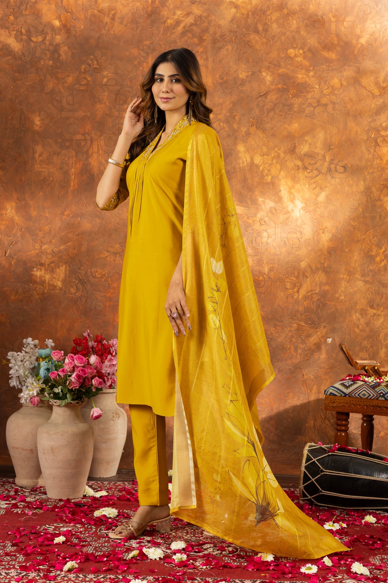 Lorenvalley Fashion Mustard Roman Silk Embroidery Sequins with Hand work Kurta Pant Dupatta - Swadesiicart