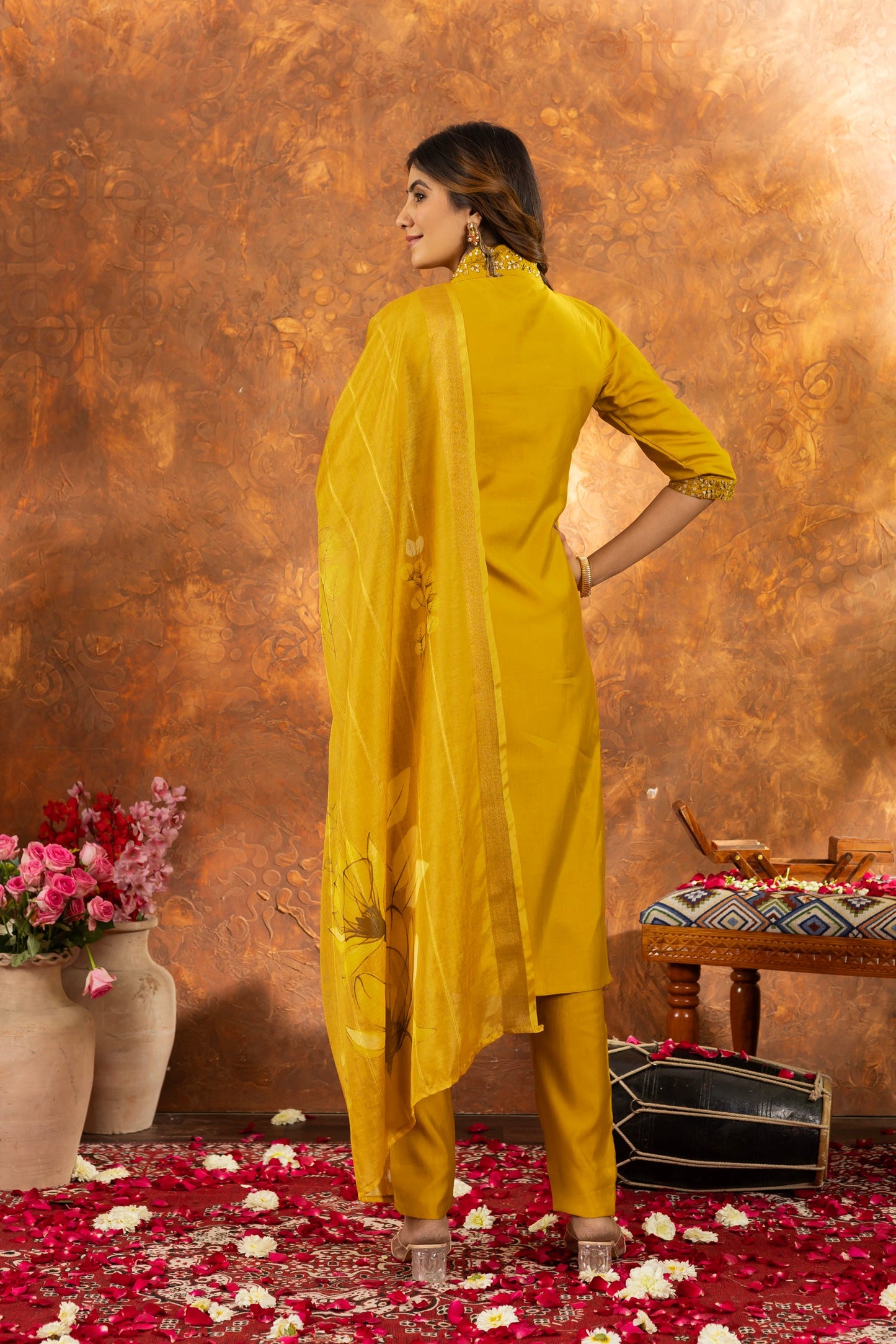Lorenvalley Fashion Mustard Roman Silk Embroidery Sequins with Hand work Kurta Pant Dupatta - Swadesiicart