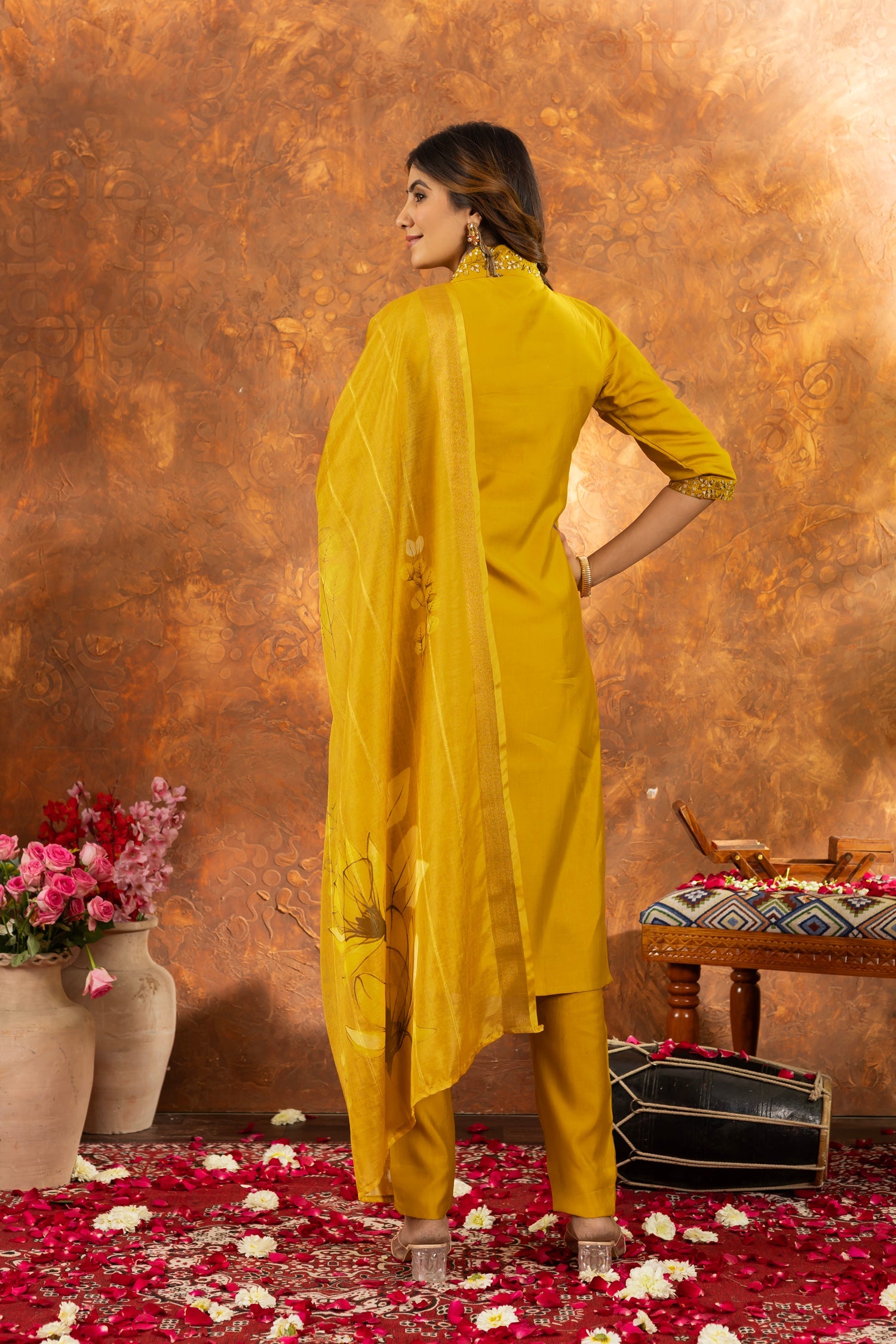 Lorenvalley Fashion Mustard Roman Silk Embroidery Sequins with Hand work Kurta Pant Dupatta - Swadesiicart