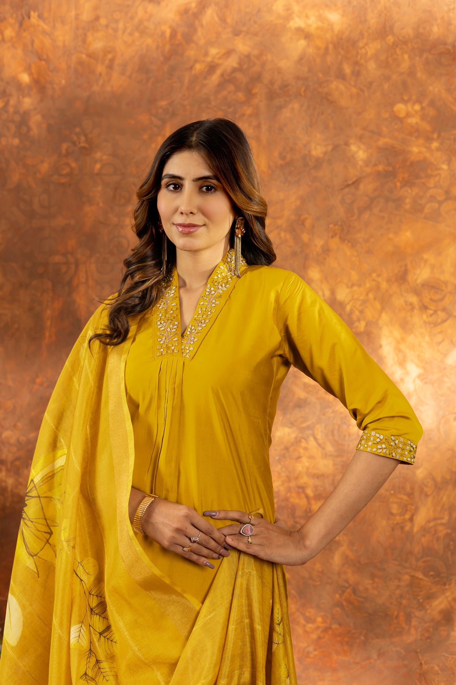 Lorenvalley Fashion Mustard Roman Silk Embroidery Sequins with Hand work Kurta Pant Dupatta - Swadesiicart