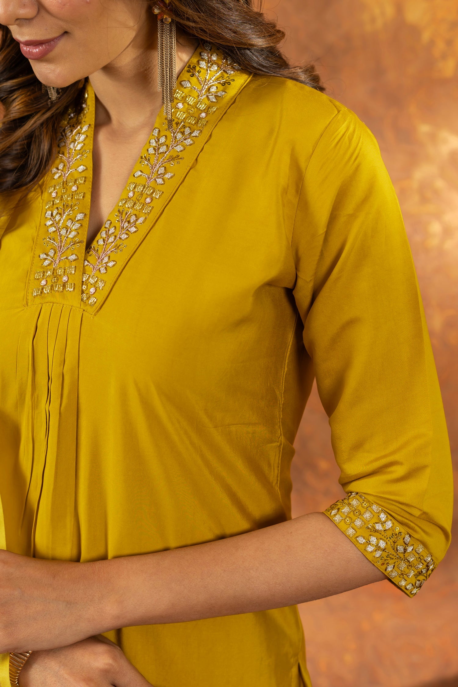 Lorenvalley Fashion Mustard Roman Silk Embroidery Sequins with Hand work Kurta Pant Dupatta - Swadesiicart