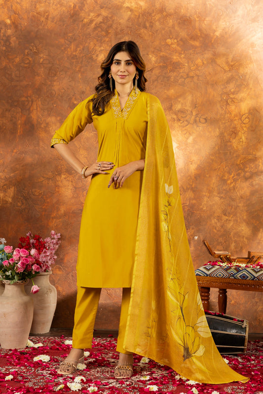 Lorenvalley Fashion Mustard Roman Silk Embroidery Sequins with Hand work Kurta Pant Dupatta - Swadesiicart