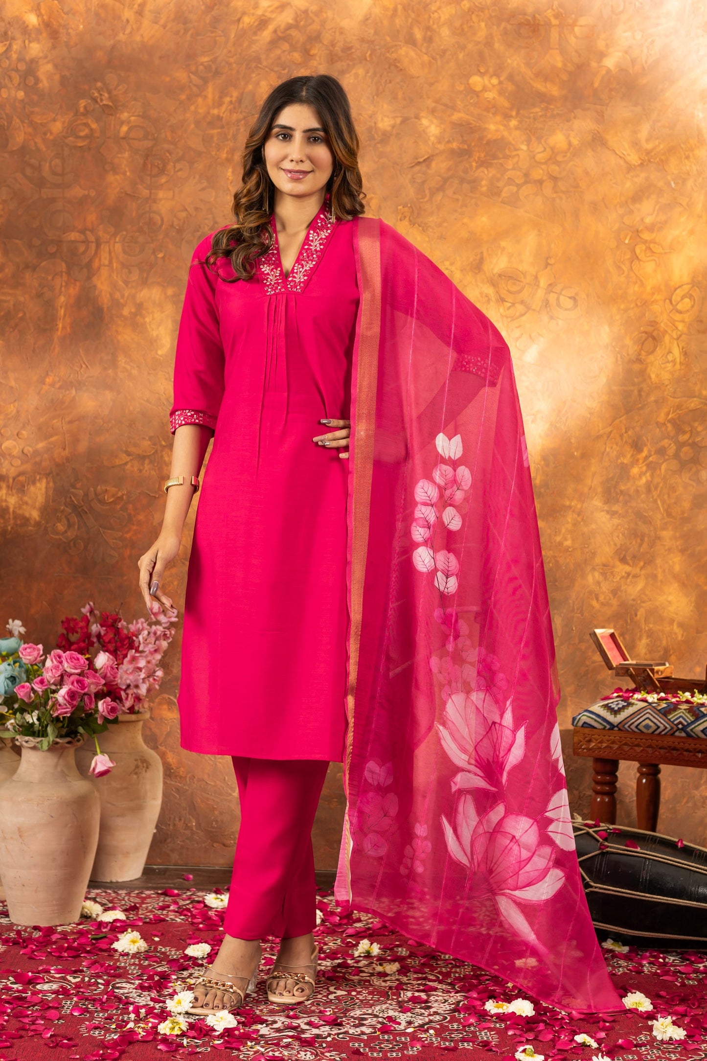 Lorenvalley Fashion Pink Roman Silk Embroidery Sequins with Hand work Kurta Pant Dupatta - Swadesiicart