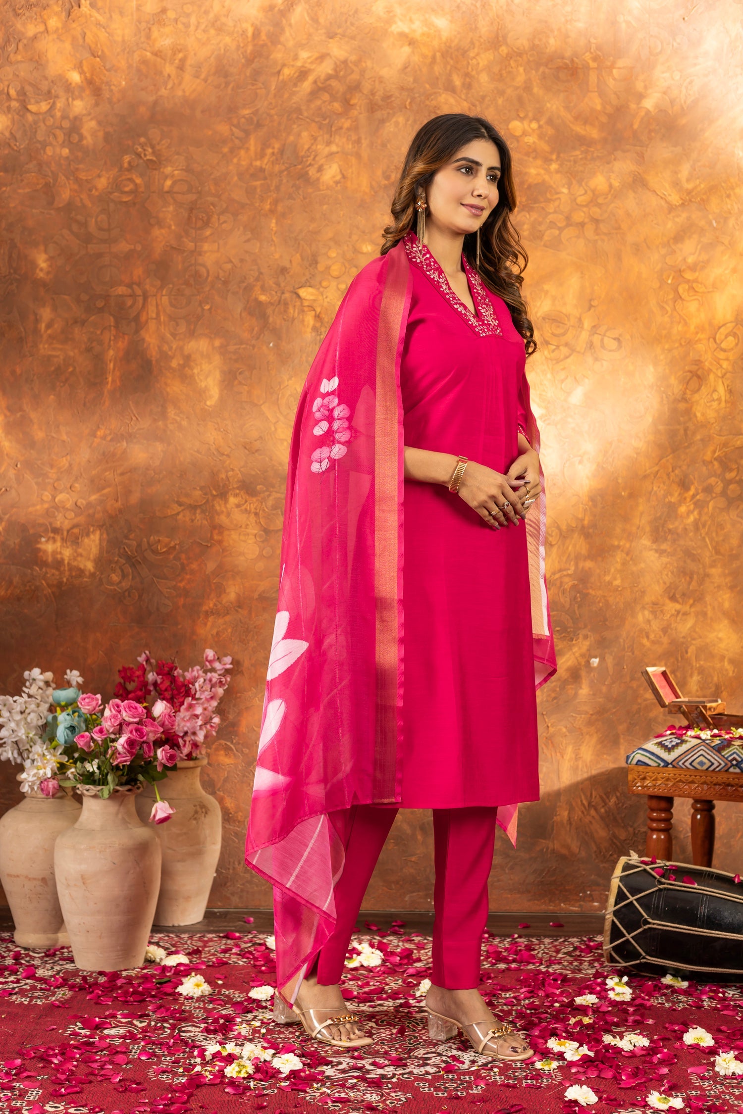 Lorenvalley Fashion Pink Roman Silk Embroidery Sequins with Hand work Kurta Pant Dupatta - Swadesiicart