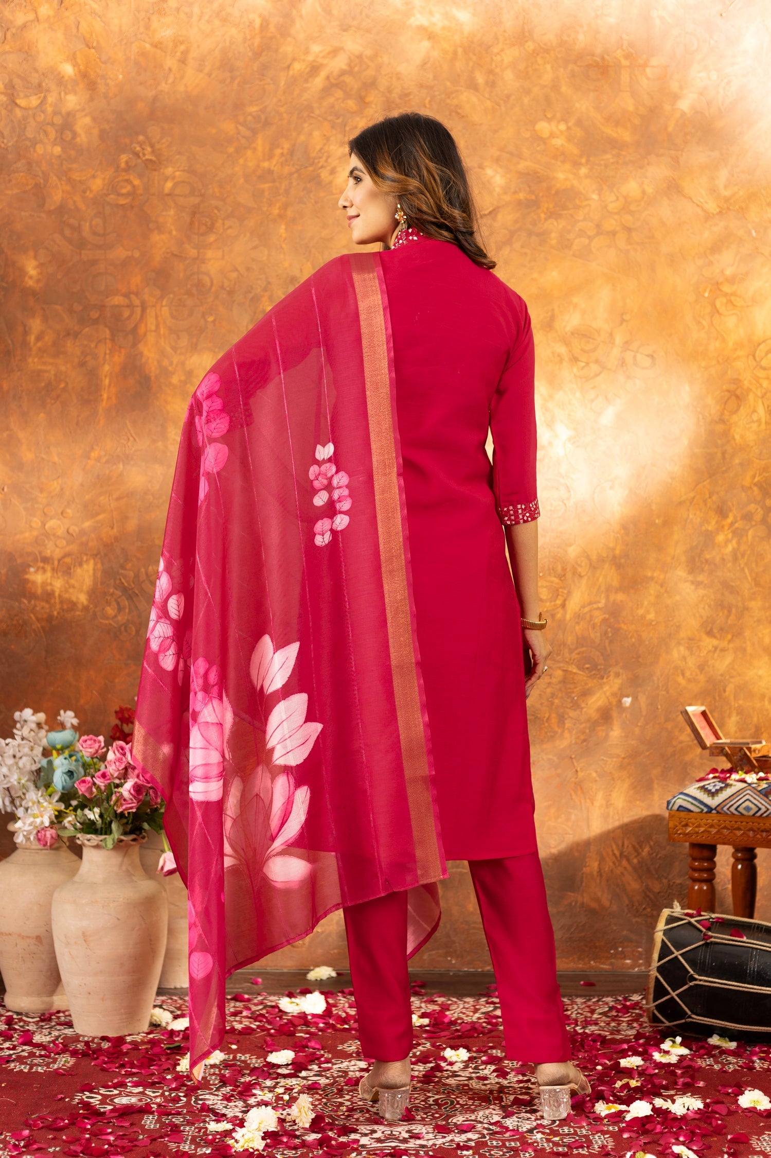 Lorenvalley Fashion Pink Roman Silk Embroidery Sequins with Hand work Kurta Pant Dupatta - Swadesiicart