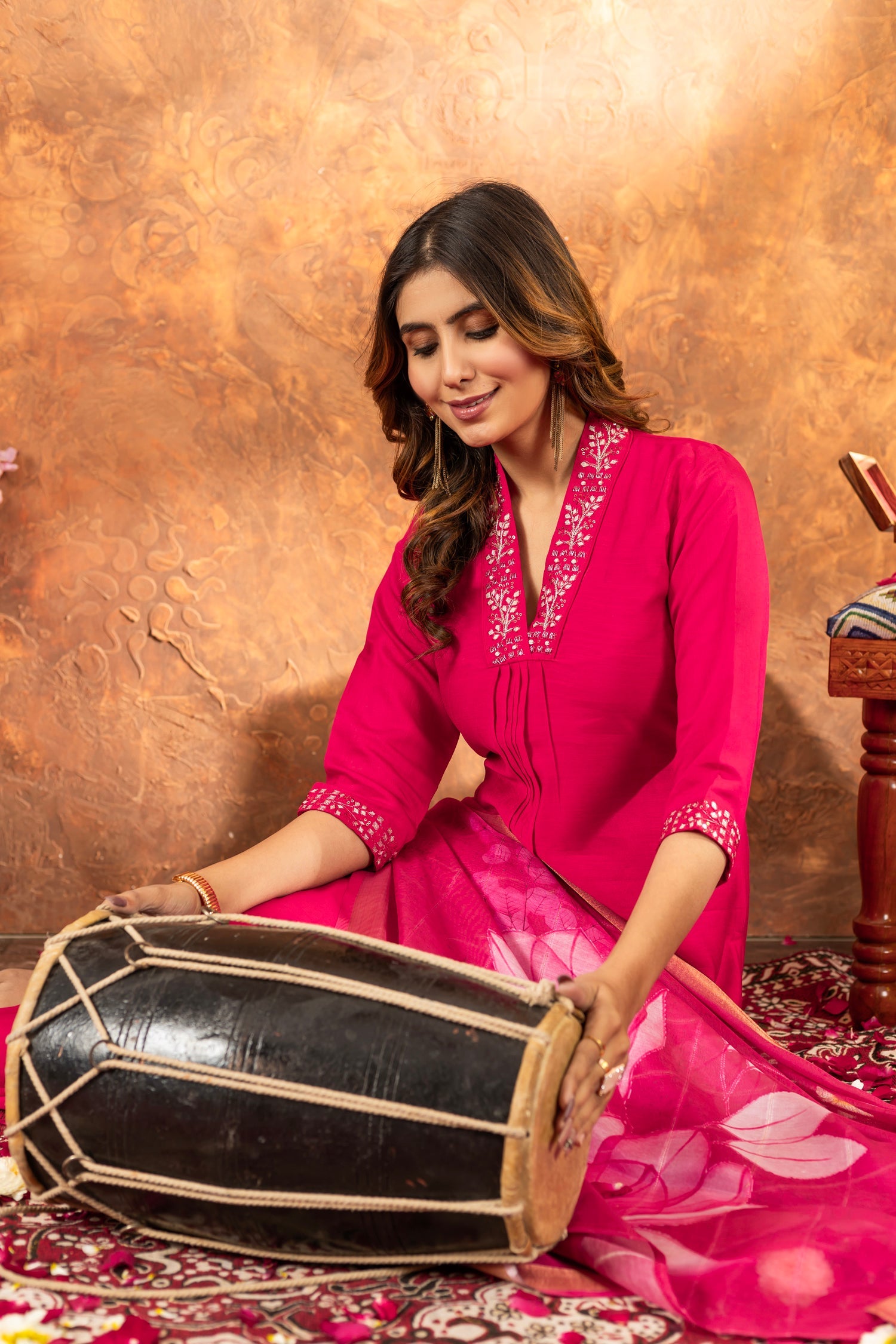 Lorenvalley Fashion Pink Roman Silk Embroidery Sequins with Hand work Kurta Pant Dupatta - Swadesiicart