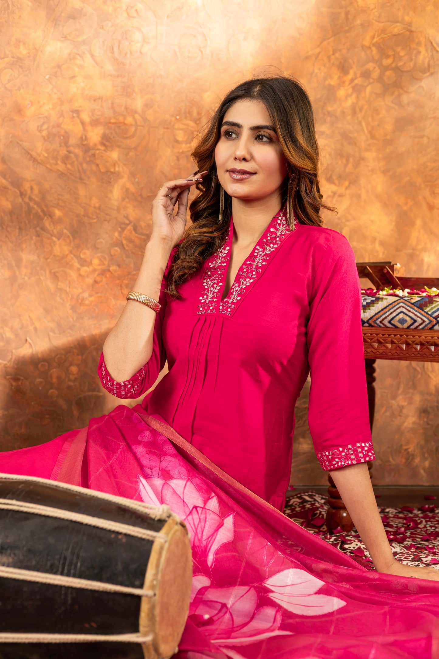 Lorenvalley Fashion Pink Roman Silk Embroidery Sequins with Hand work Kurta Pant Dupatta - Swadesiicart