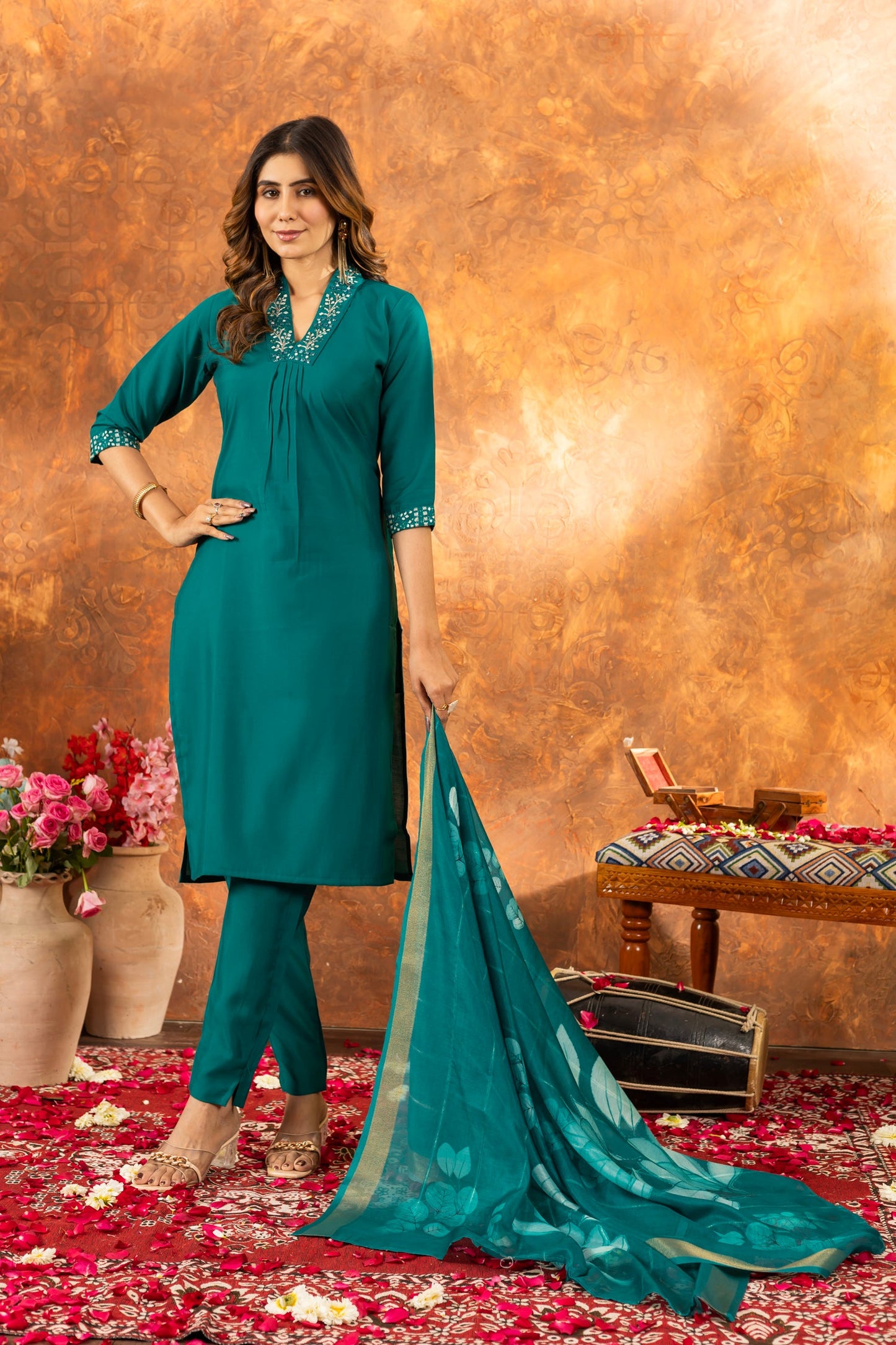 Lorenvalley Fashion Rama Roman Silk Embroidery Sequins with Hand work Kurta Pant Dupatta - Swadesiicart