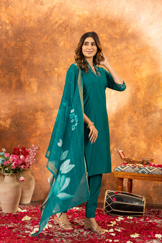 Lorenvalley Fashion Rama Roman Silk Embroidery Sequins with Hand work Kurta Pant Dupatta - Swadesiicart