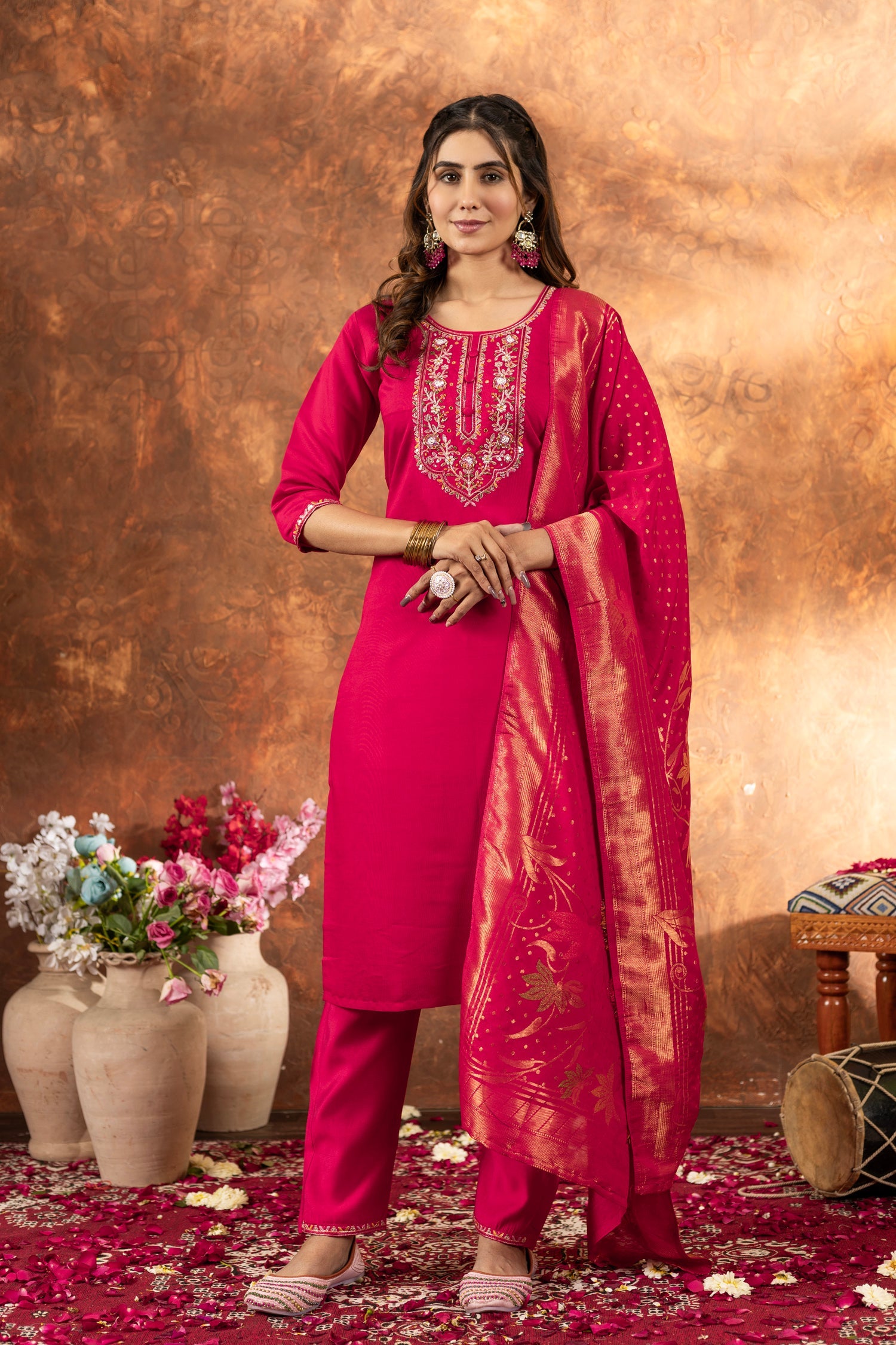 Lorenvalley Fashion Pink Marina Silk Multi Embroidery Thread with Hand work Kurta Pant Dupatta - Swadesiicart