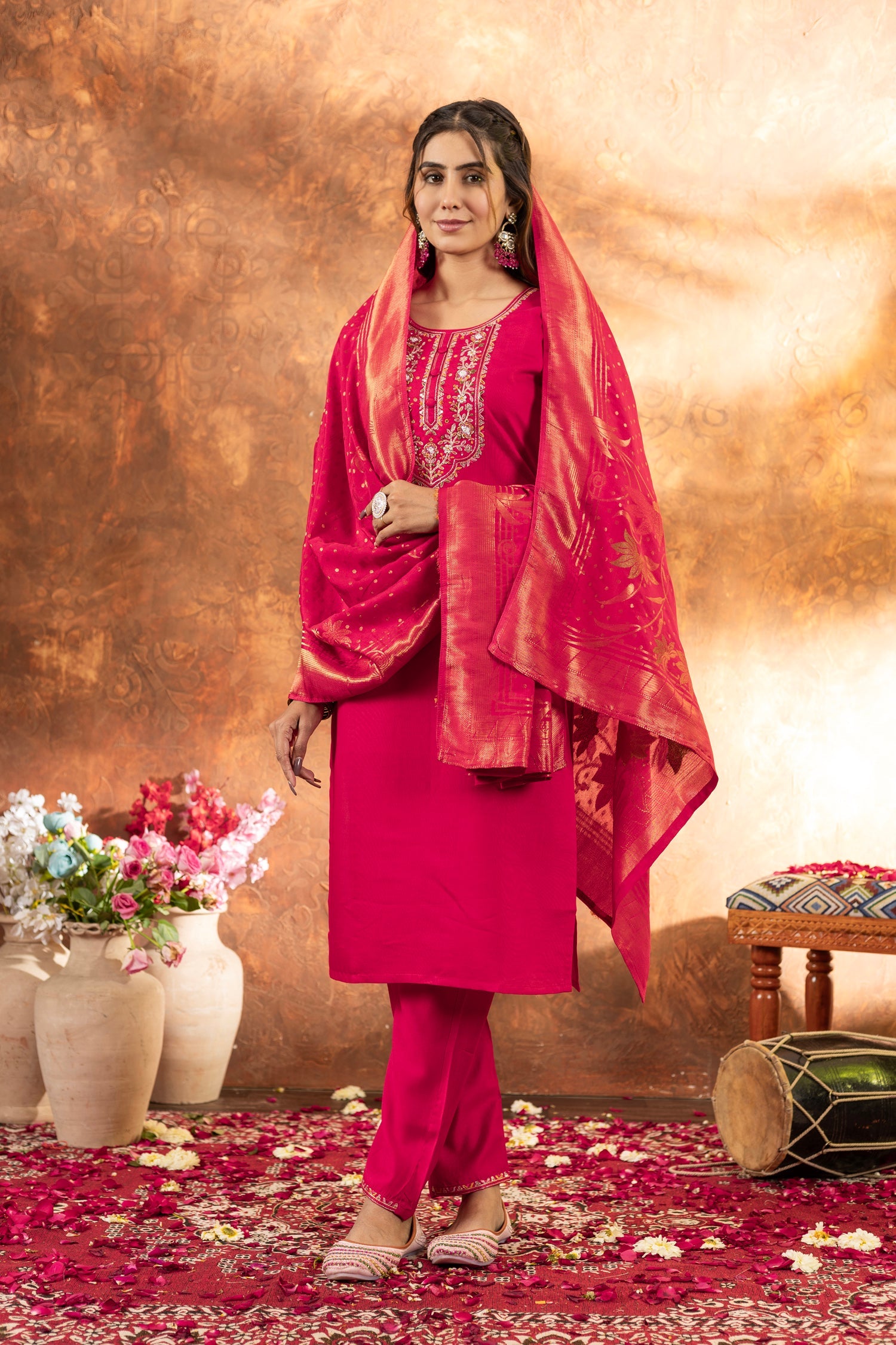Lorenvalley Fashion Pink Marina Silk Multi Embroidery Thread with Hand work Kurta Pant Dupatta - Swadesiicart