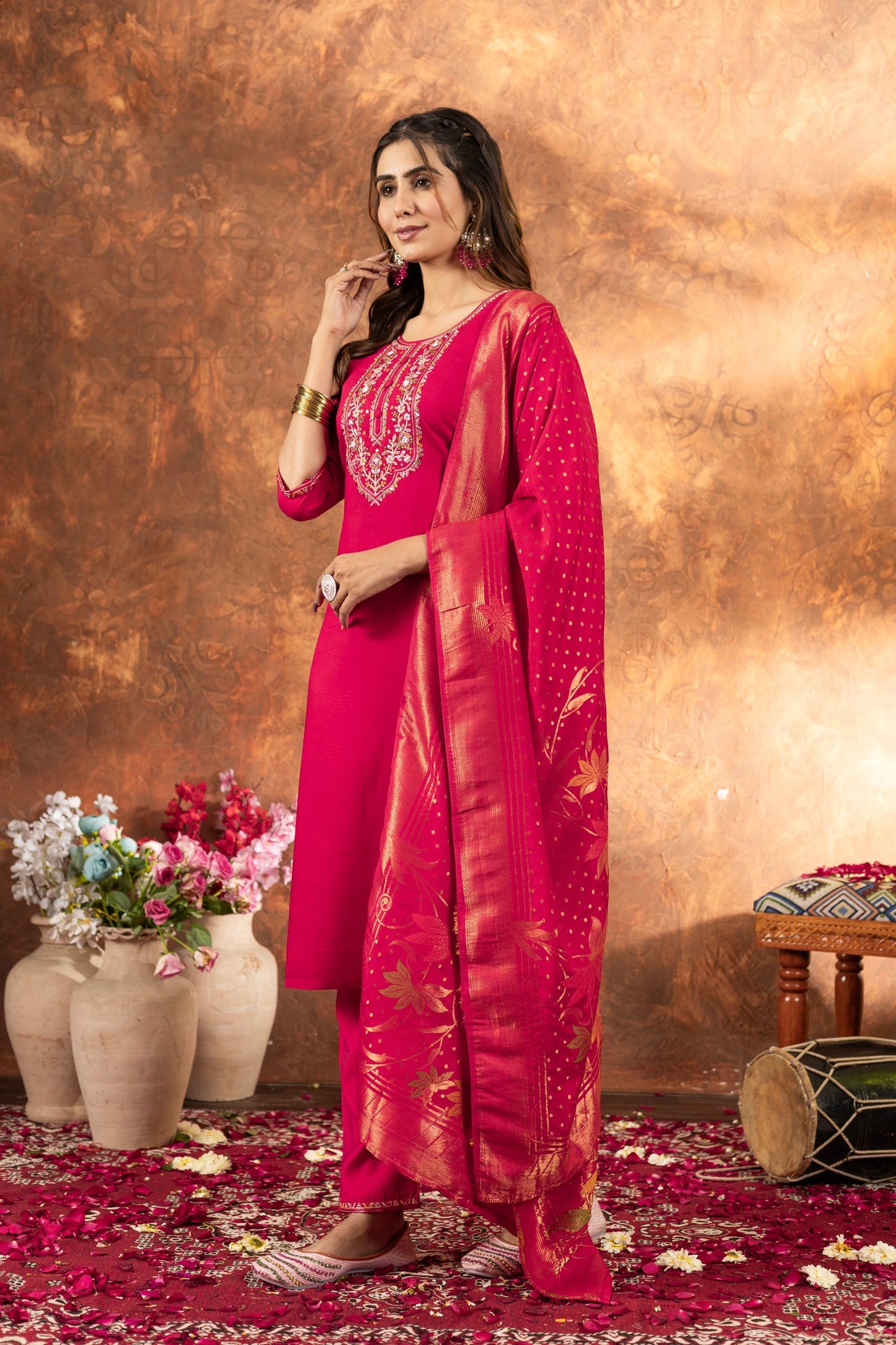 Lorenvalley Fashion Pink Marina Silk Multi Embroidery Thread with Hand work Kurta Pant Dupatta - Swadesiicart