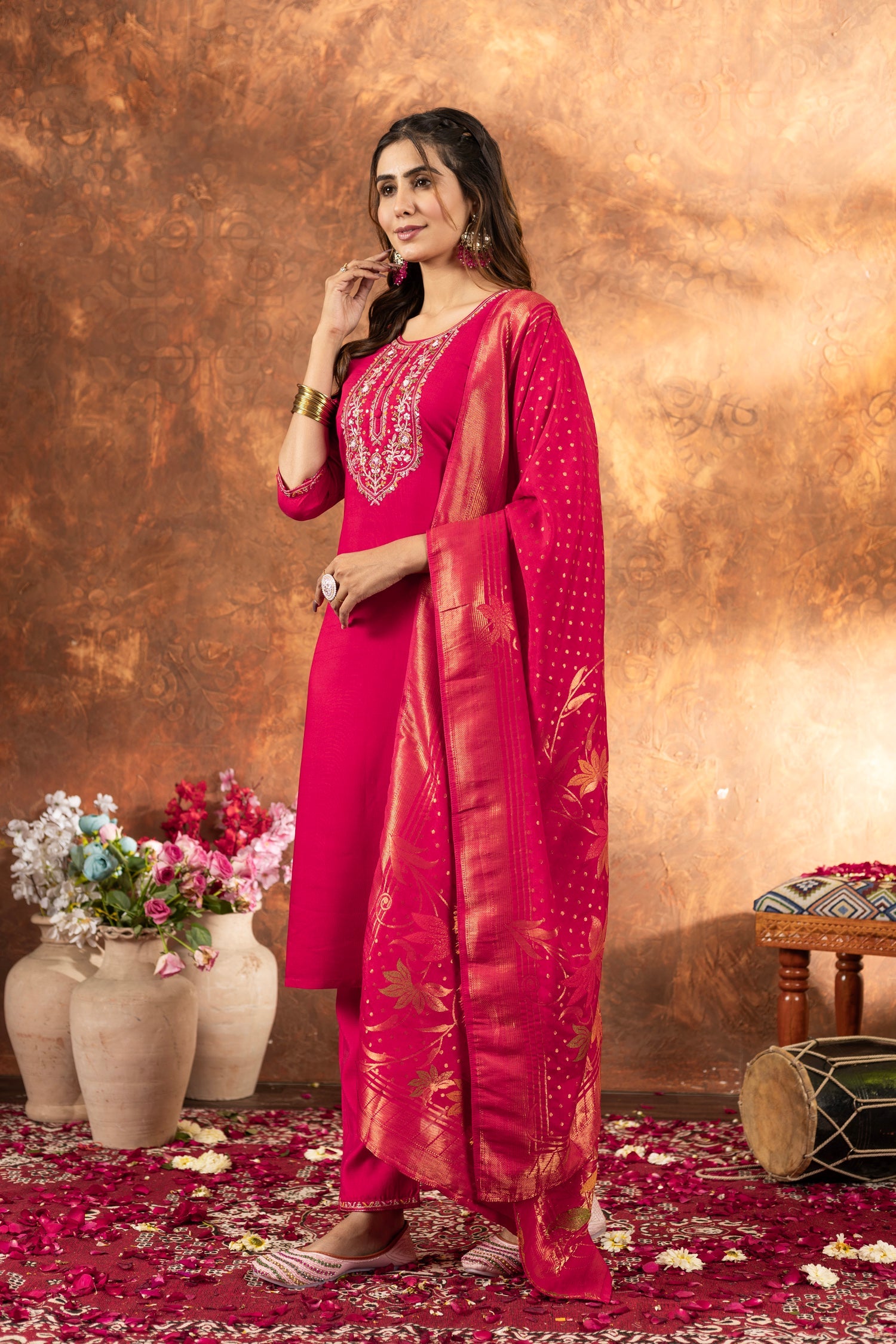 Lorenvalley Fashion Pink Marina Silk Multi Embroidery Thread with Hand work Kurta Pant Dupatta - Swadesiicart