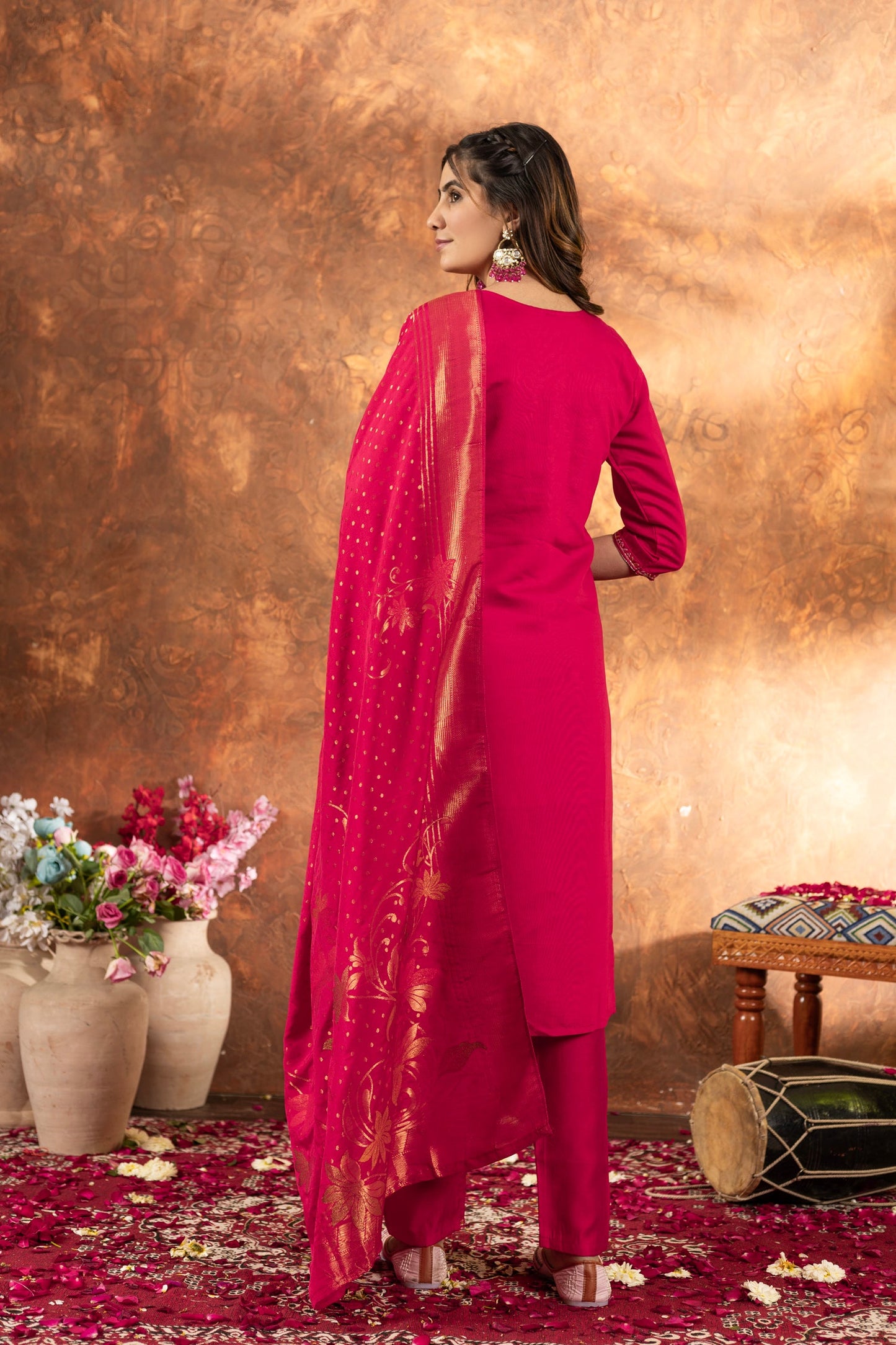 Lorenvalley Fashion Pink Marina Silk Multi Embroidery Thread with Hand work Kurta Pant Dupatta - Swadesiicart