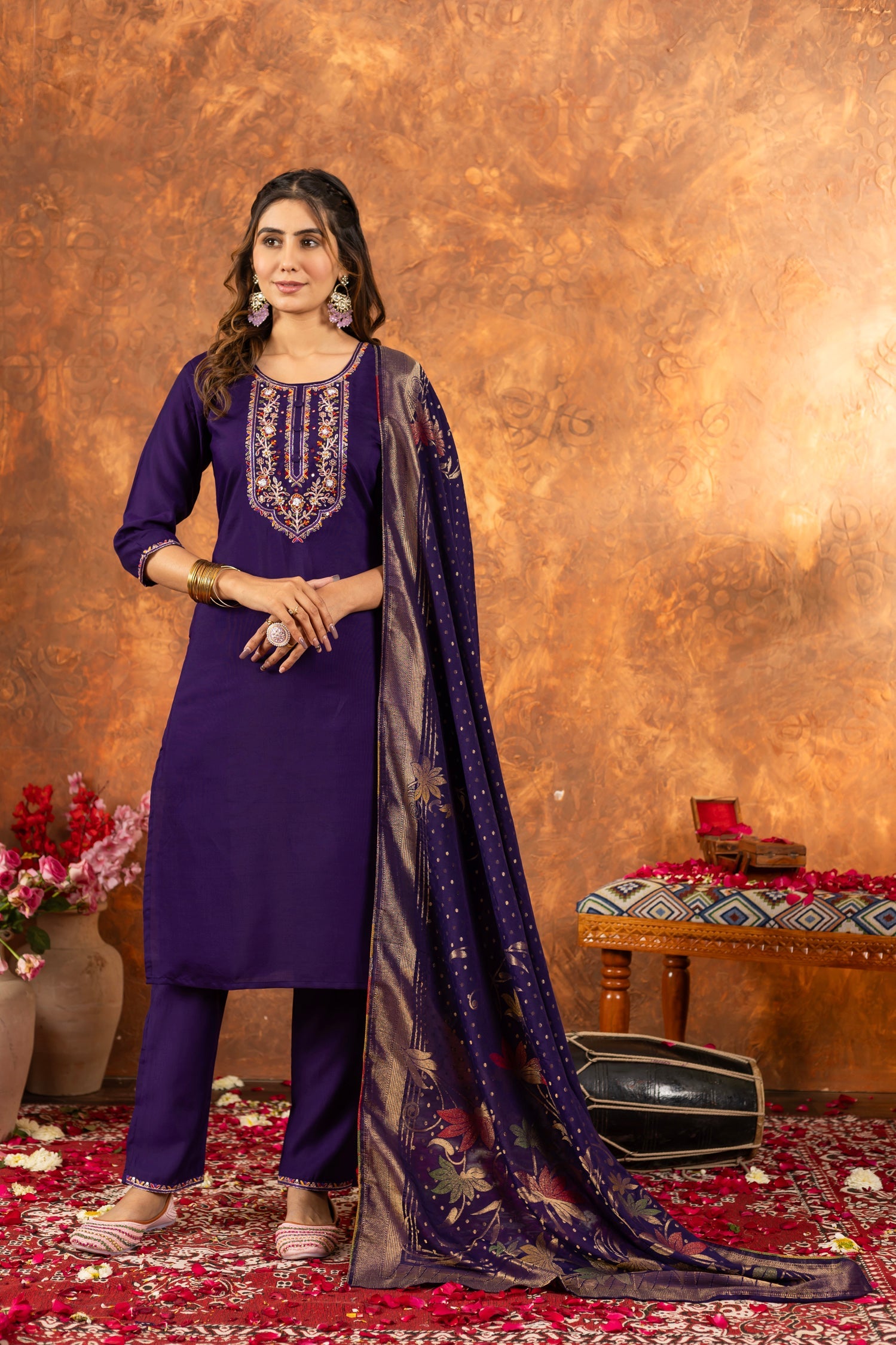 Lorenvalley Fashion Purple Marina Silk Multi Embroidery Thread with Hand work Kurta Pant Dupatta - Swadesiicart