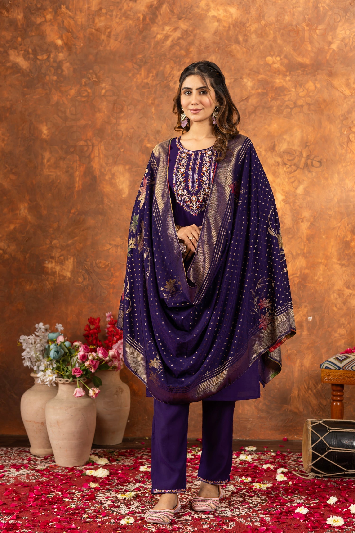 Lorenvalley Fashion Purple Marina Silk Multi Embroidery Thread with Hand work Kurta Pant Dupatta - Swadesiicart