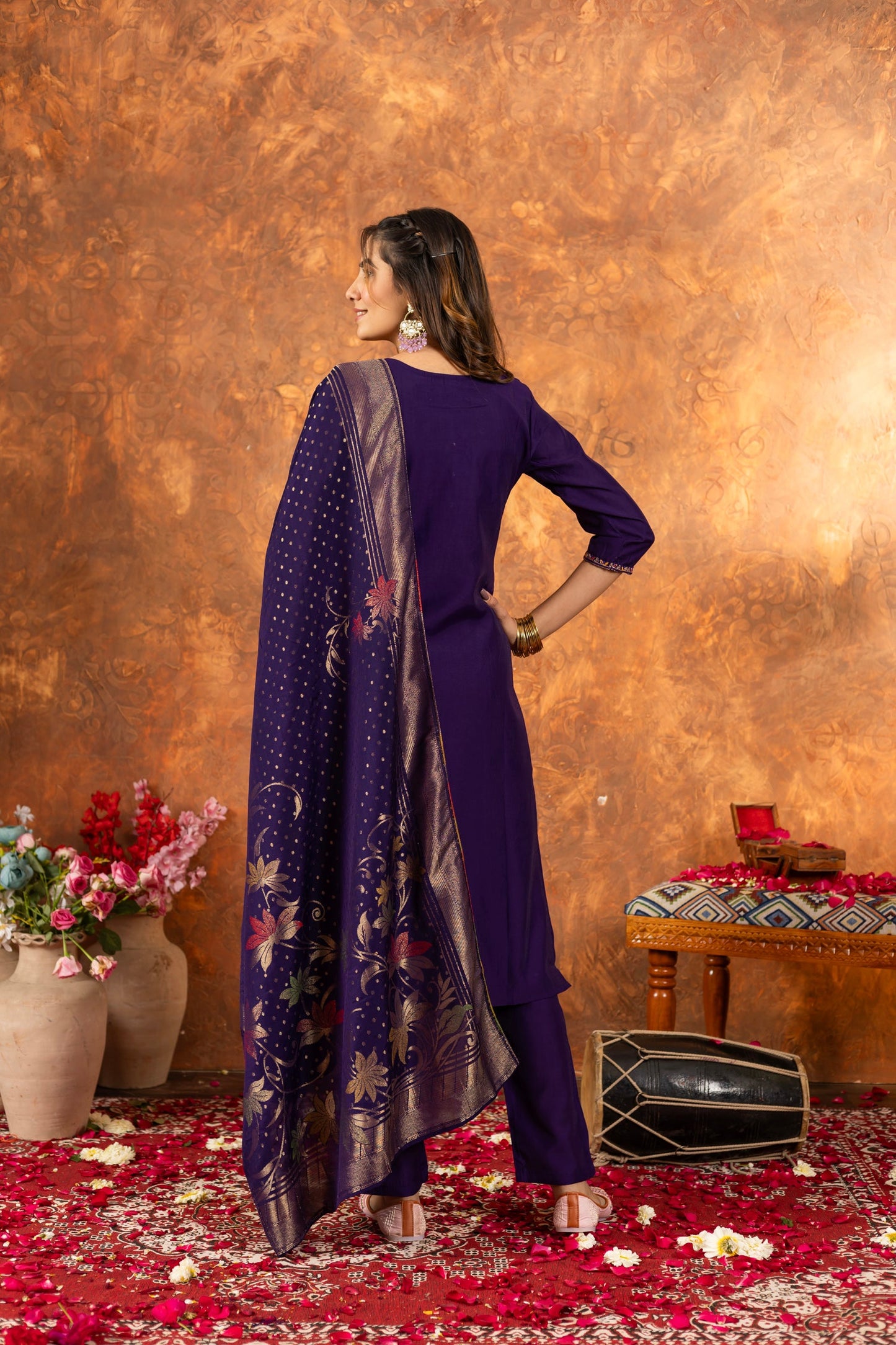 Lorenvalley Fashion Purple Marina Silk Multi Embroidery Thread with Hand work Kurta Pant Dupatta - Swadesiicart