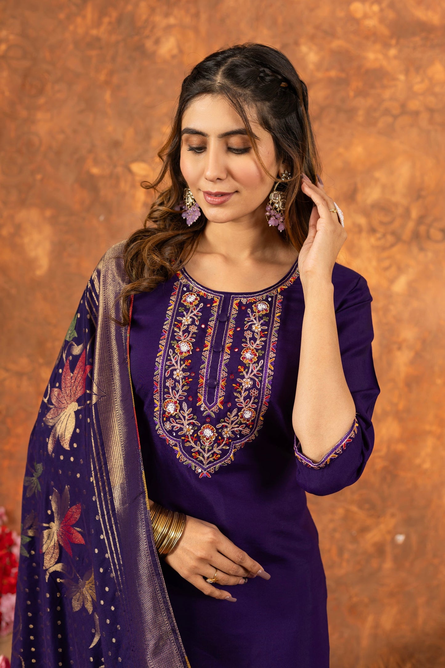 Lorenvalley Fashion Purple Marina Silk Multi Embroidery Thread with Hand work Kurta Pant Dupatta - Swadesiicart