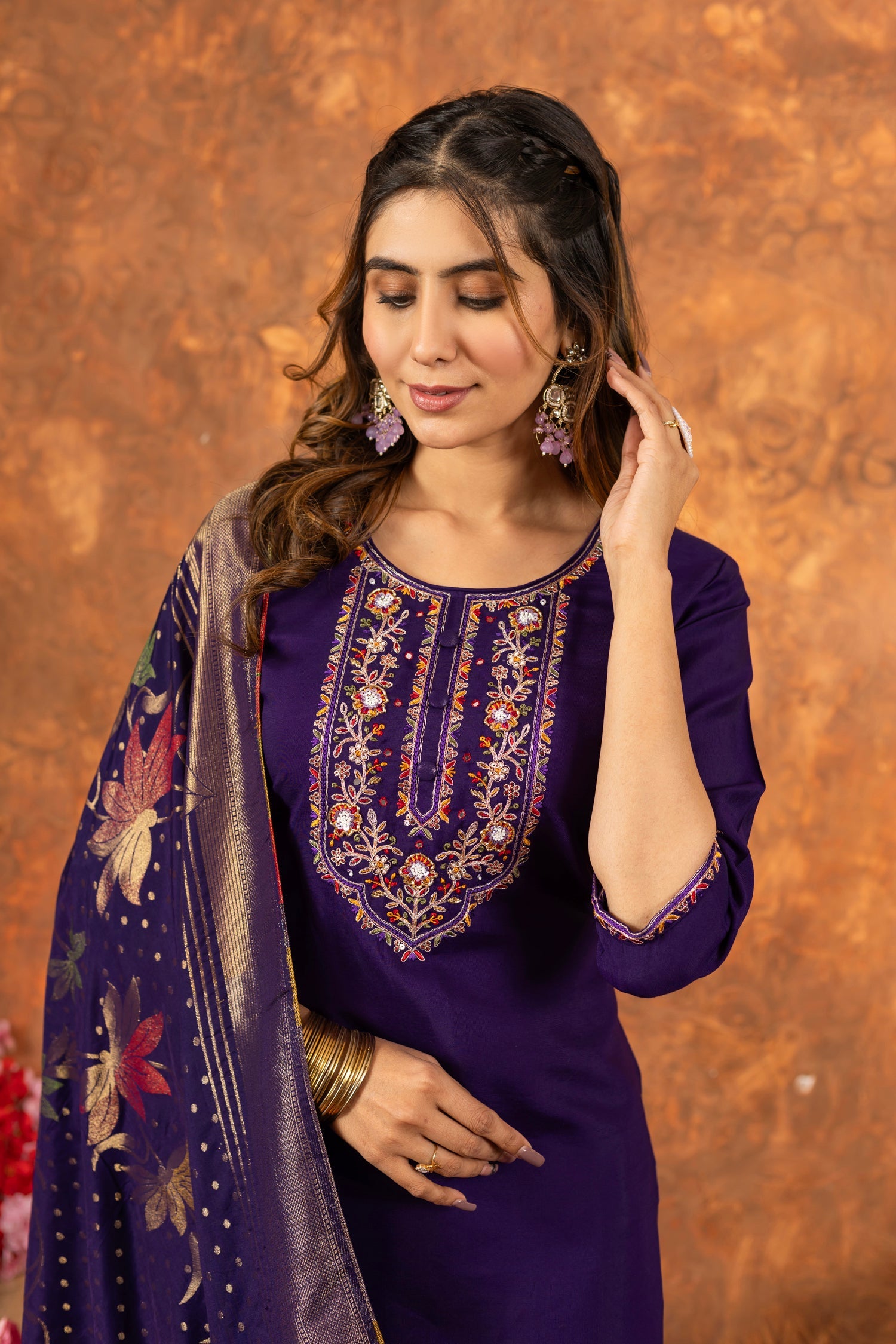 Lorenvalley Fashion Purple Marina Silk Multi Embroidery Thread with Hand work Kurta Pant Dupatta - Swadesiicart