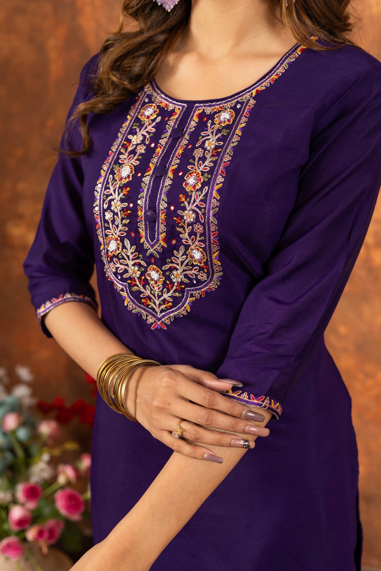 Lorenvalley Fashion Purple Marina Silk Multi Embroidery Thread with Hand work Kurta Pant Dupatta - Swadesiicart