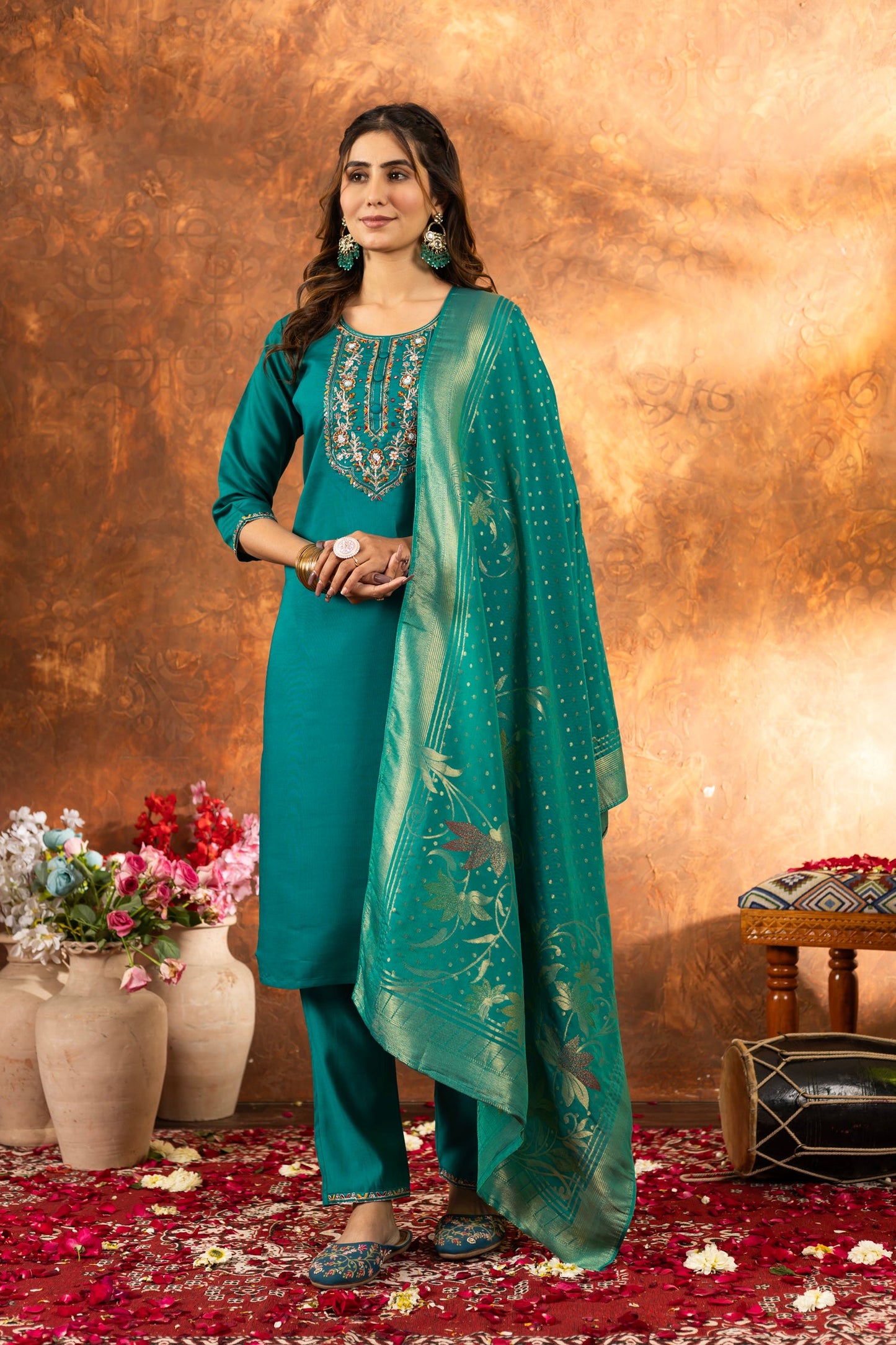 Lorenvalley Fashion Rama Marina Silk Multi Embroidery Thread with Hand work Kurta Pant Dupatta - Swadesiicart