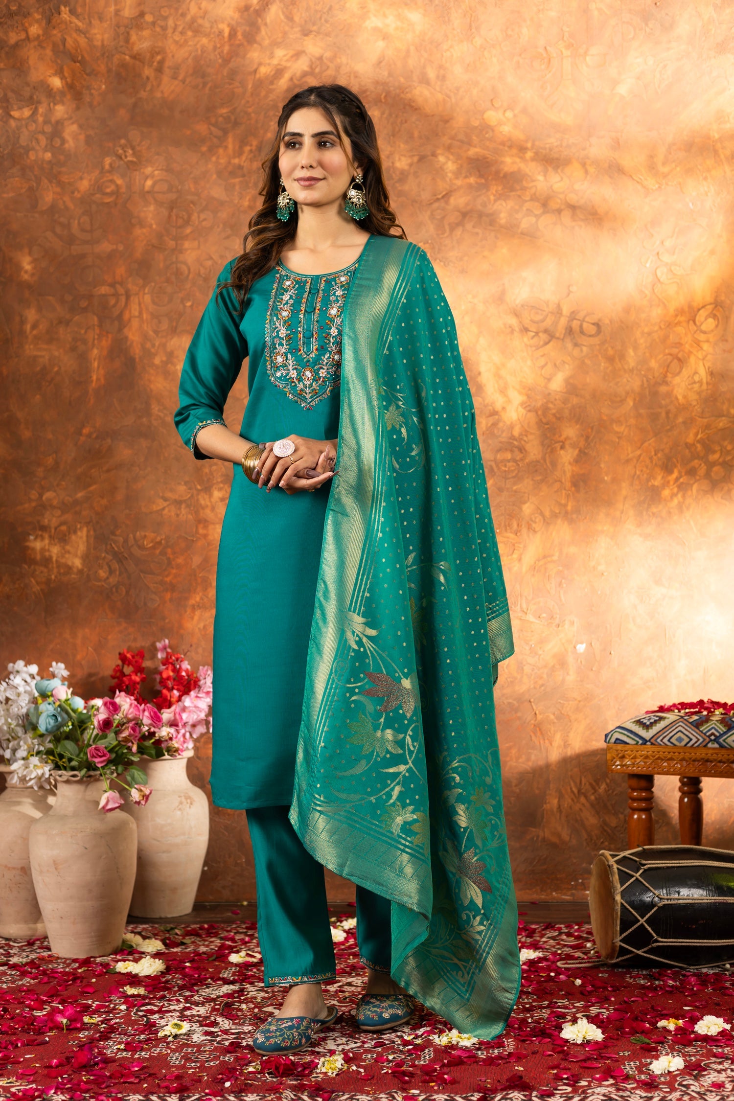 Lorenvalley Fashion Rama Marina Silk Multi Embroidery Thread with Hand work Kurta Pant Dupatta - Swadesiicart