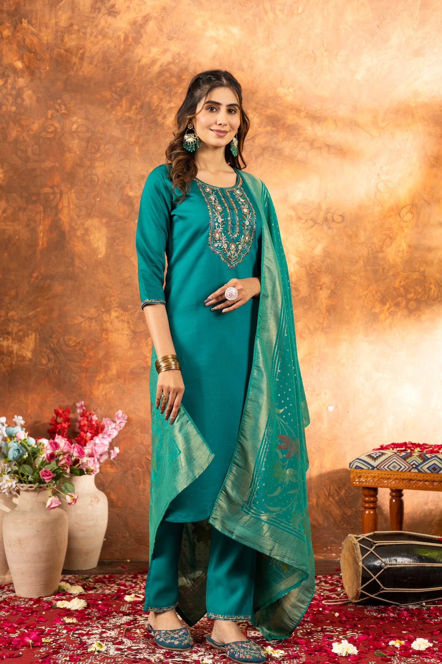Lorenvalley Fashion Rama Marina Silk Multi Embroidery Thread with Hand work Kurta Pant Dupatta - Swadesiicart