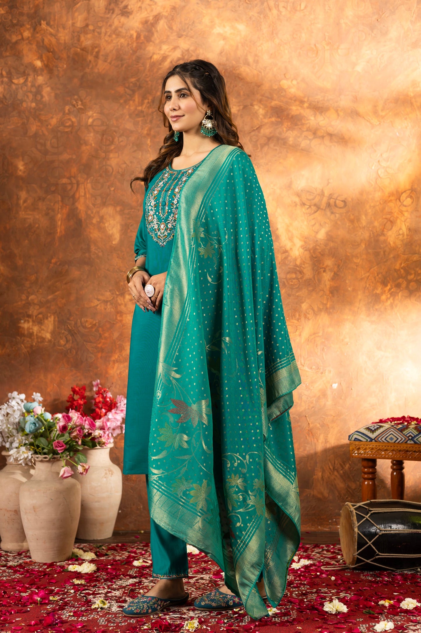 Lorenvalley Fashion Rama Marina Silk Multi Embroidery Thread with Hand work Kurta Pant Dupatta - Swadesiicart