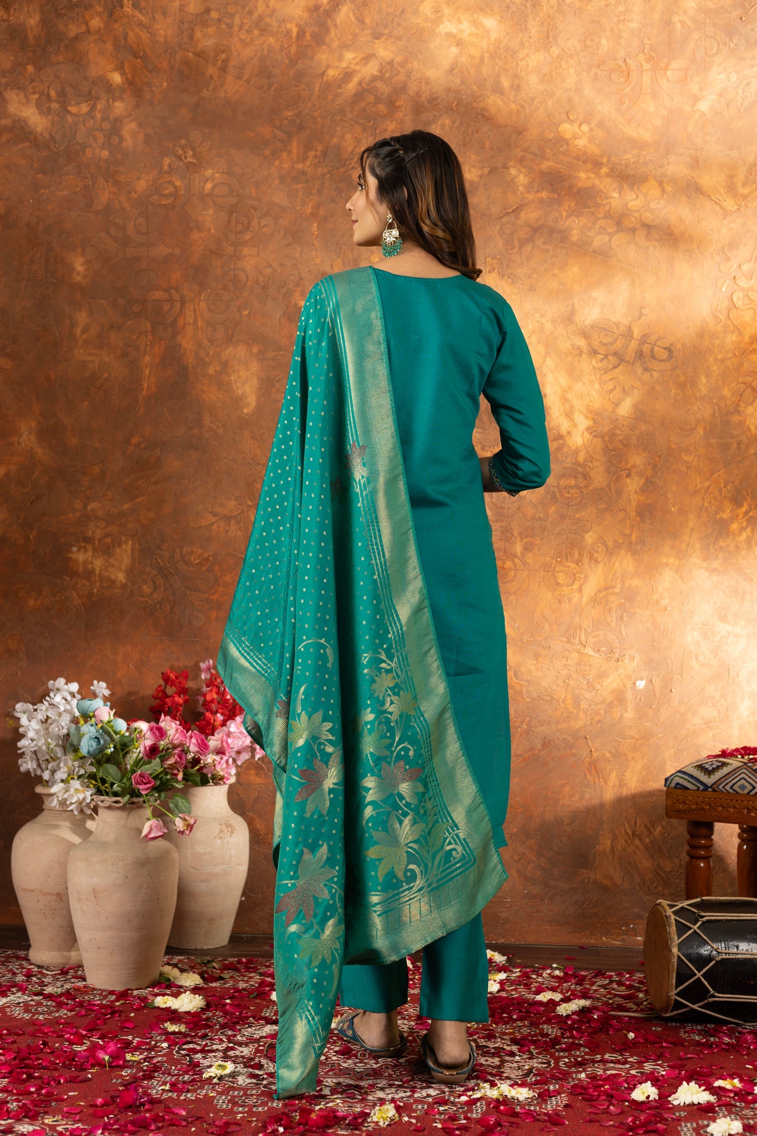 Lorenvalley Fashion Rama Marina Silk Multi Embroidery Thread with Hand work Kurta Pant Dupatta - Swadesiicart