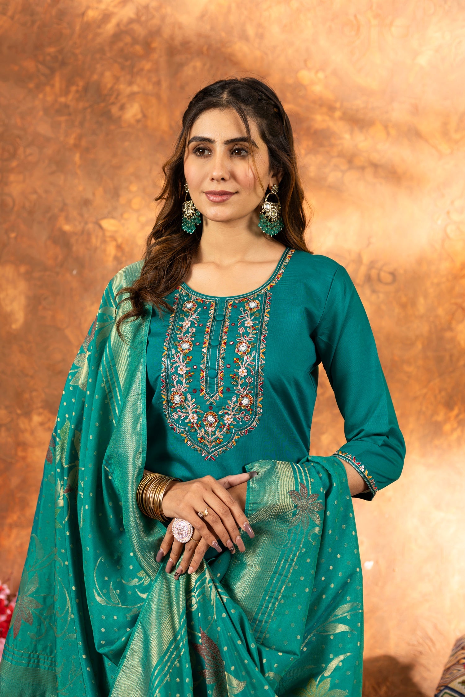 Lorenvalley Fashion Rama Marina Silk Multi Embroidery Thread with Hand work Kurta Pant Dupatta - Swadesiicart