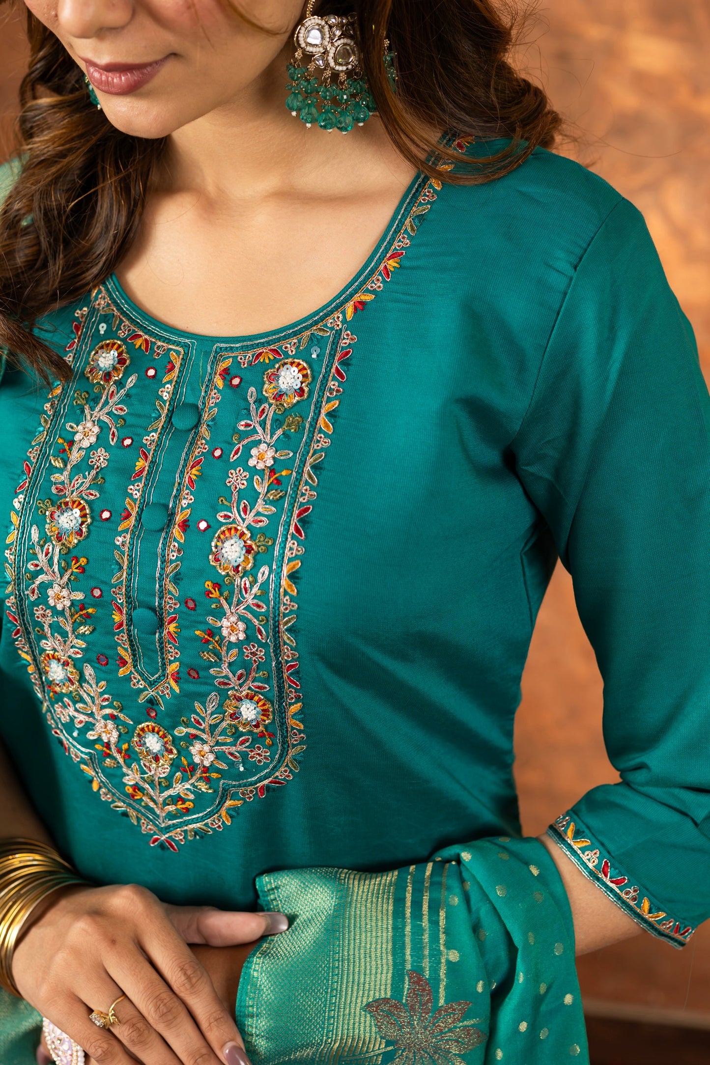 Lorenvalley Fashion Rama Marina Silk Multi Embroidery Thread with Hand work Kurta Pant Dupatta - Swadesiicart