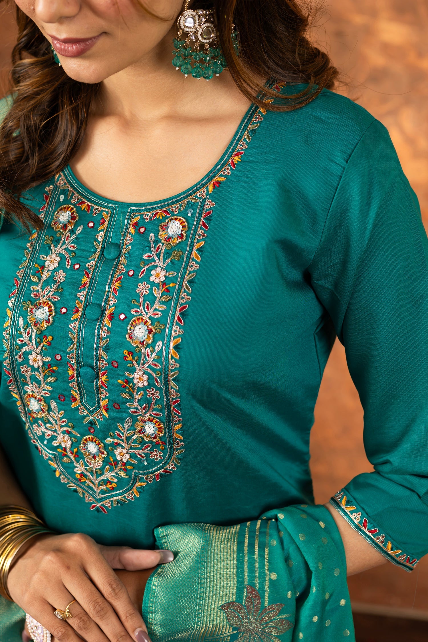 Lorenvalley Fashion Rama Marina Silk Multi Embroidery Thread with Hand work Kurta Pant Dupatta - Swadesiicart