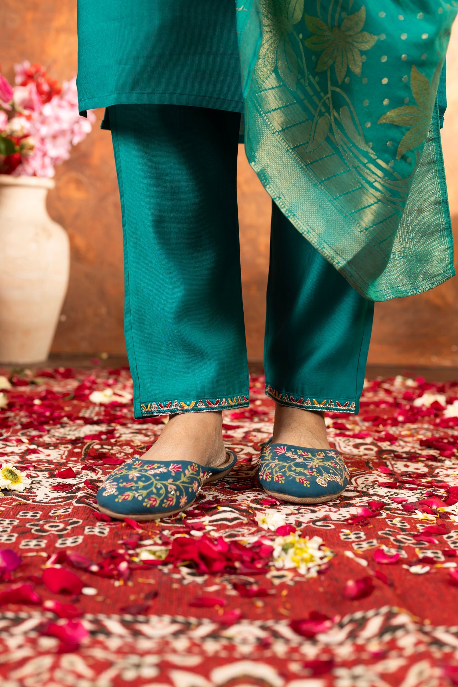 Lorenvalley Fashion Rama Marina Silk Multi Embroidery Thread with Hand work Kurta Pant Dupatta - Swadesiicart