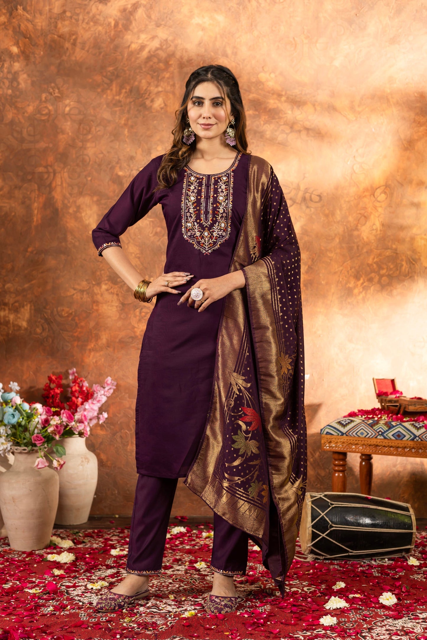 Lorenvalley Fashion Wine Marina Silk Multi Embroidery Thread with Hand work Kurta Pant Dupatta - Swadesiicart