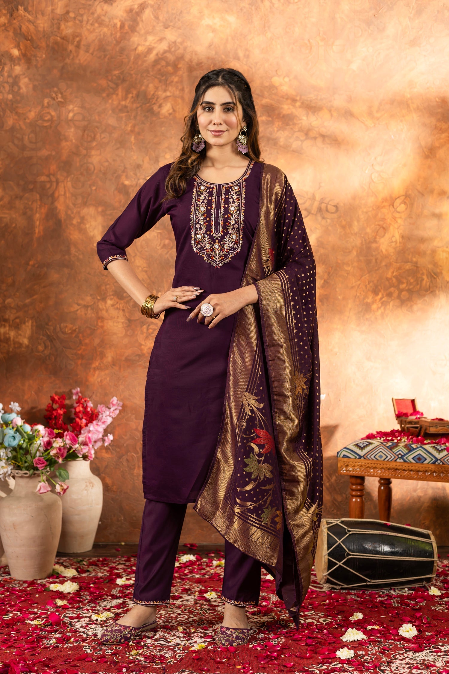 Lorenvalley Fashion Wine Marina Silk Multi Embroidery Thread with Hand work Kurta Pant Dupatta - Swadesiicart