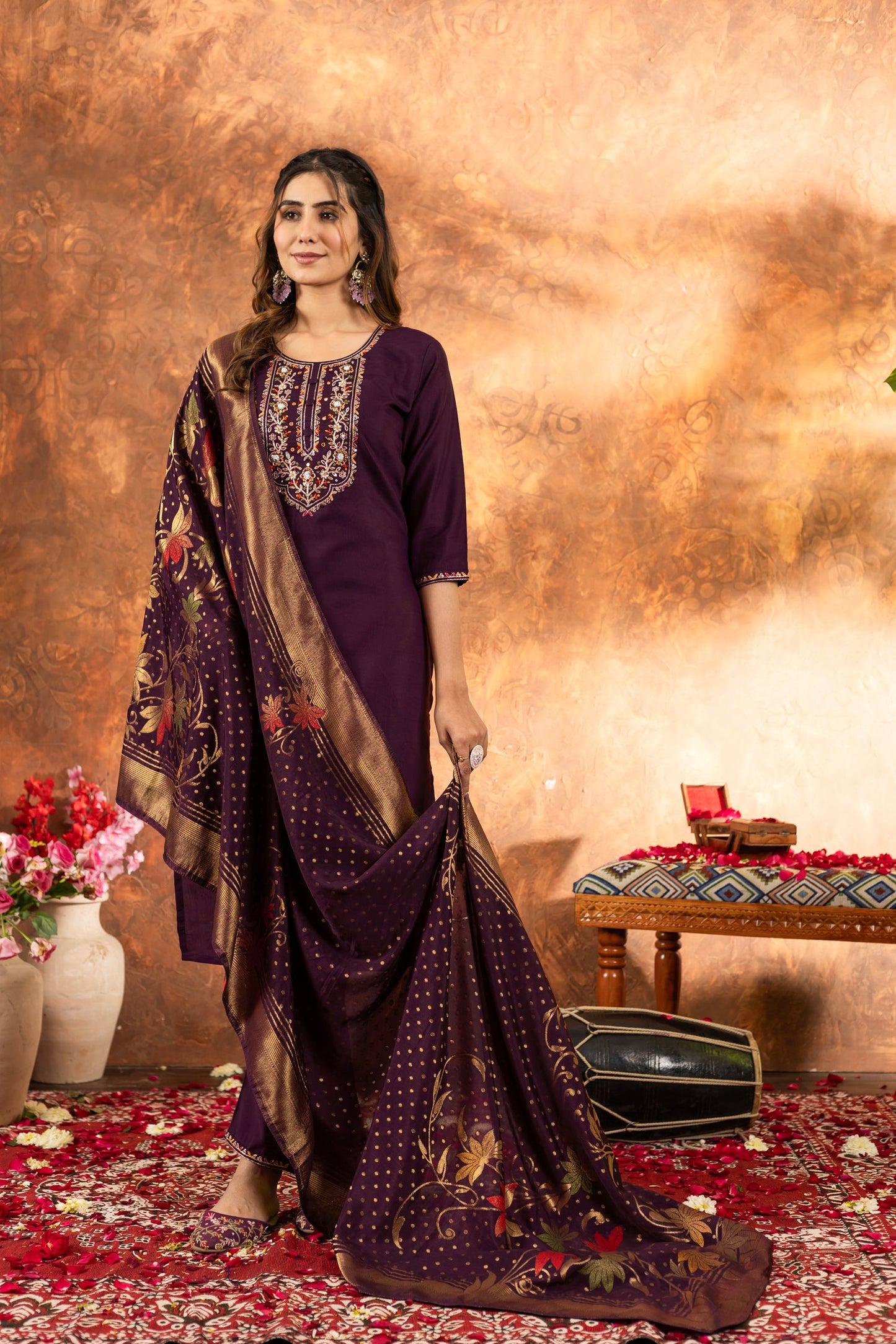 Lorenvalley Fashion Wine Marina Silk Multi Embroidery Thread with Hand work Kurta Pant Dupatta - Swadesiicart