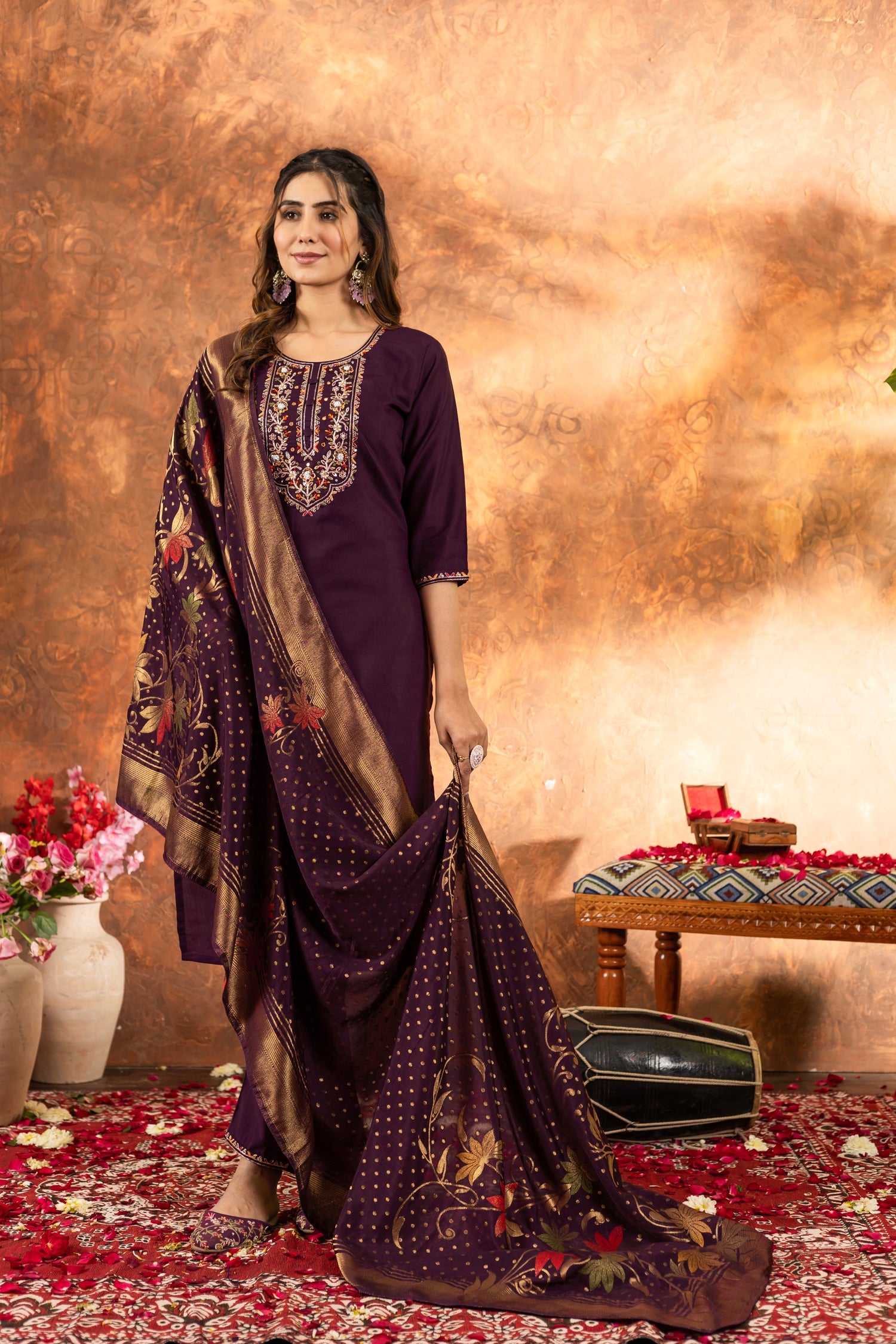 Lorenvalley Fashion Wine Marina Silk Multi Embroidery Thread with Hand work Kurta Pant Dupatta - Swadesiicart