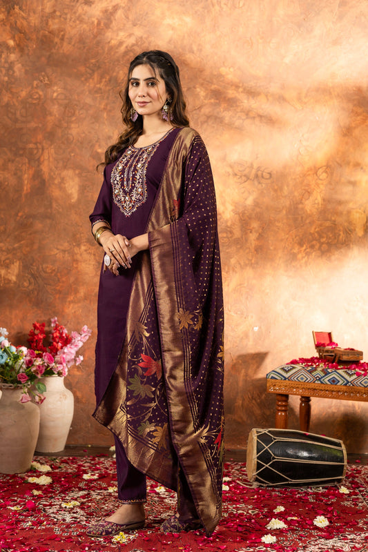 Lorenvalley Fashion Wine Marina Silk Multi Embroidery Thread with Hand work Kurta Pant Dupatta - Swadesiicart