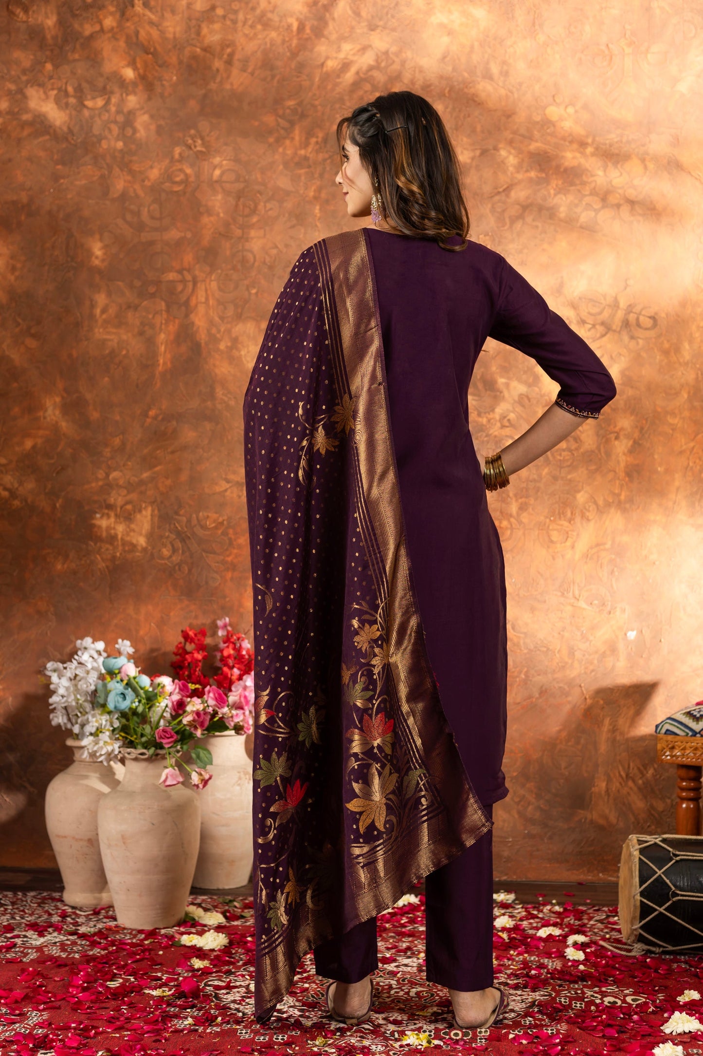 Lorenvalley Fashion Wine Marina Silk Multi Embroidery Thread with Hand work Kurta Pant Dupatta - Swadesiicart