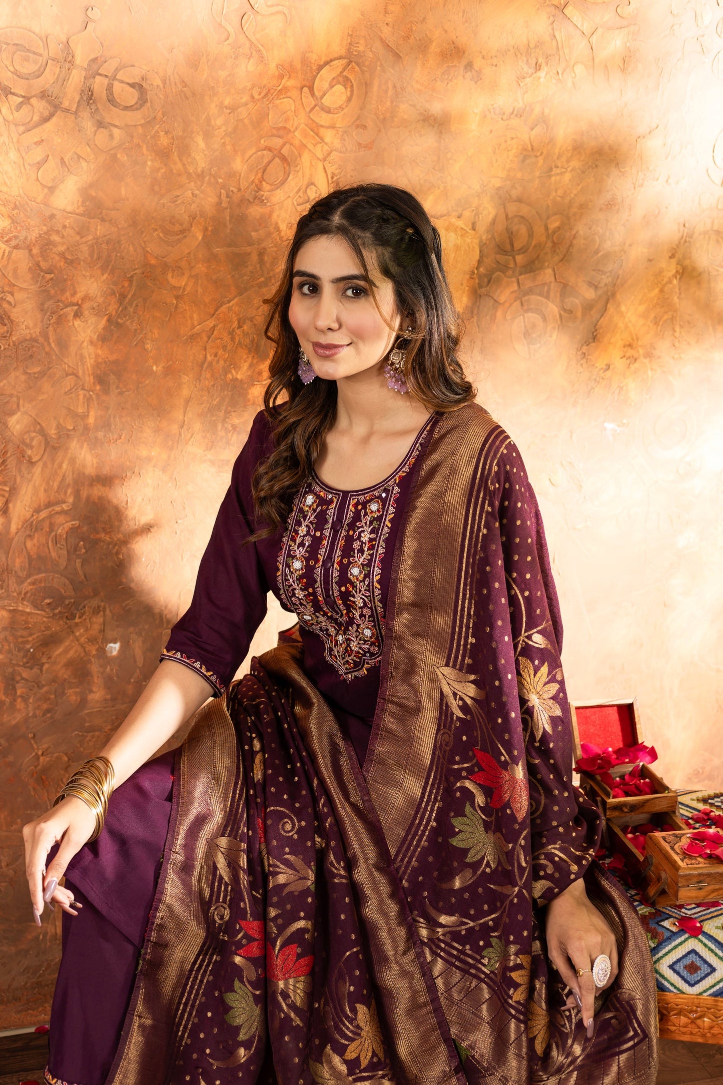 Lorenvalley Fashion Wine Marina Silk Multi Embroidery Thread with Hand work Kurta Pant Dupatta - Swadesiicart