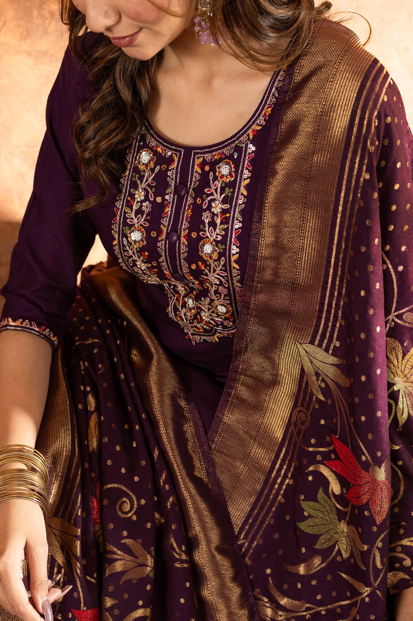 Lorenvalley Fashion Wine Marina Silk Multi Embroidery Thread with Hand work Kurta Pant Dupatta - Swadesiicart