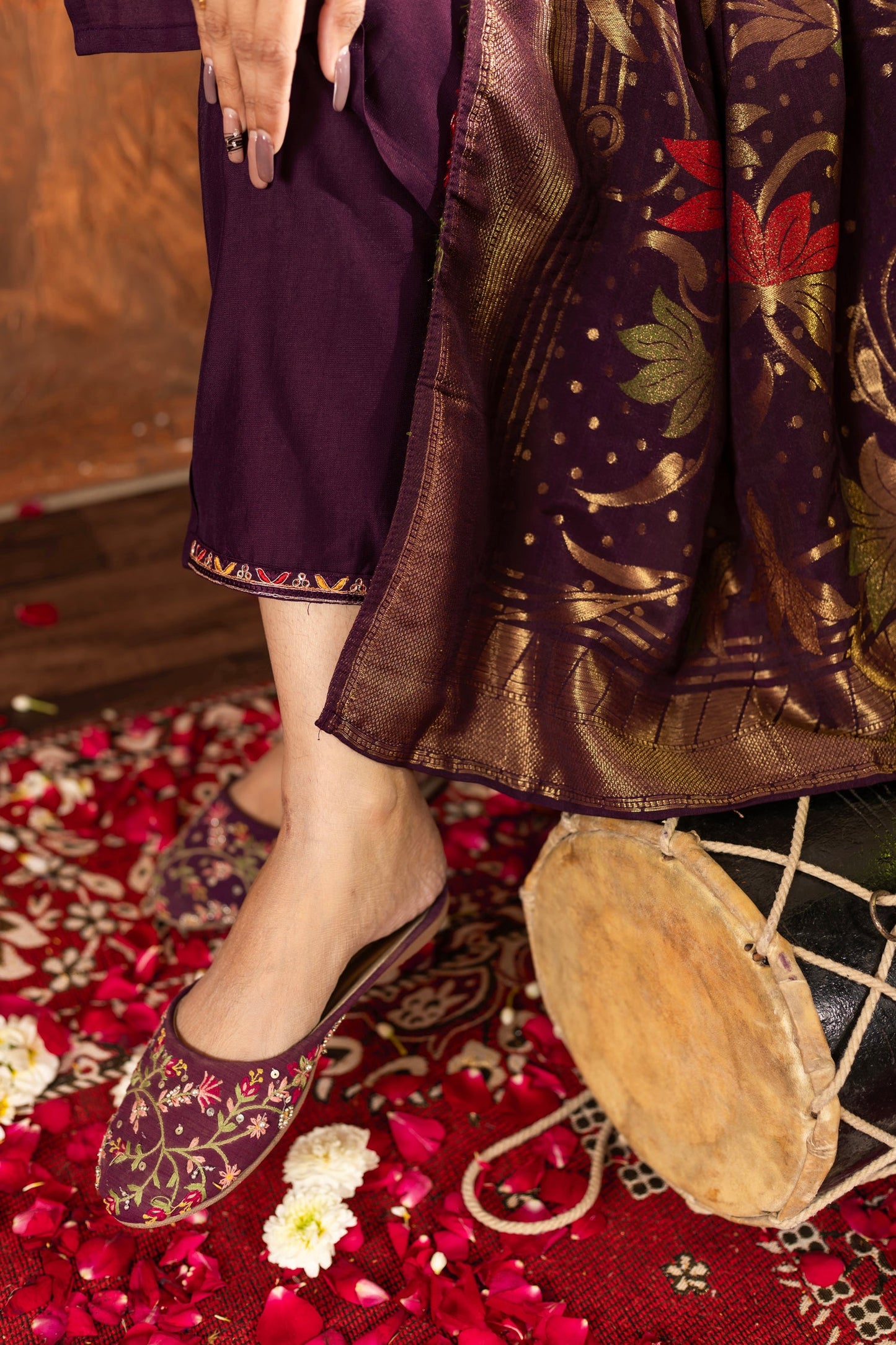 Lorenvalley Fashion Wine Marina Silk Multi Embroidery Thread with Hand work Kurta Pant Dupatta - Swadesiicart