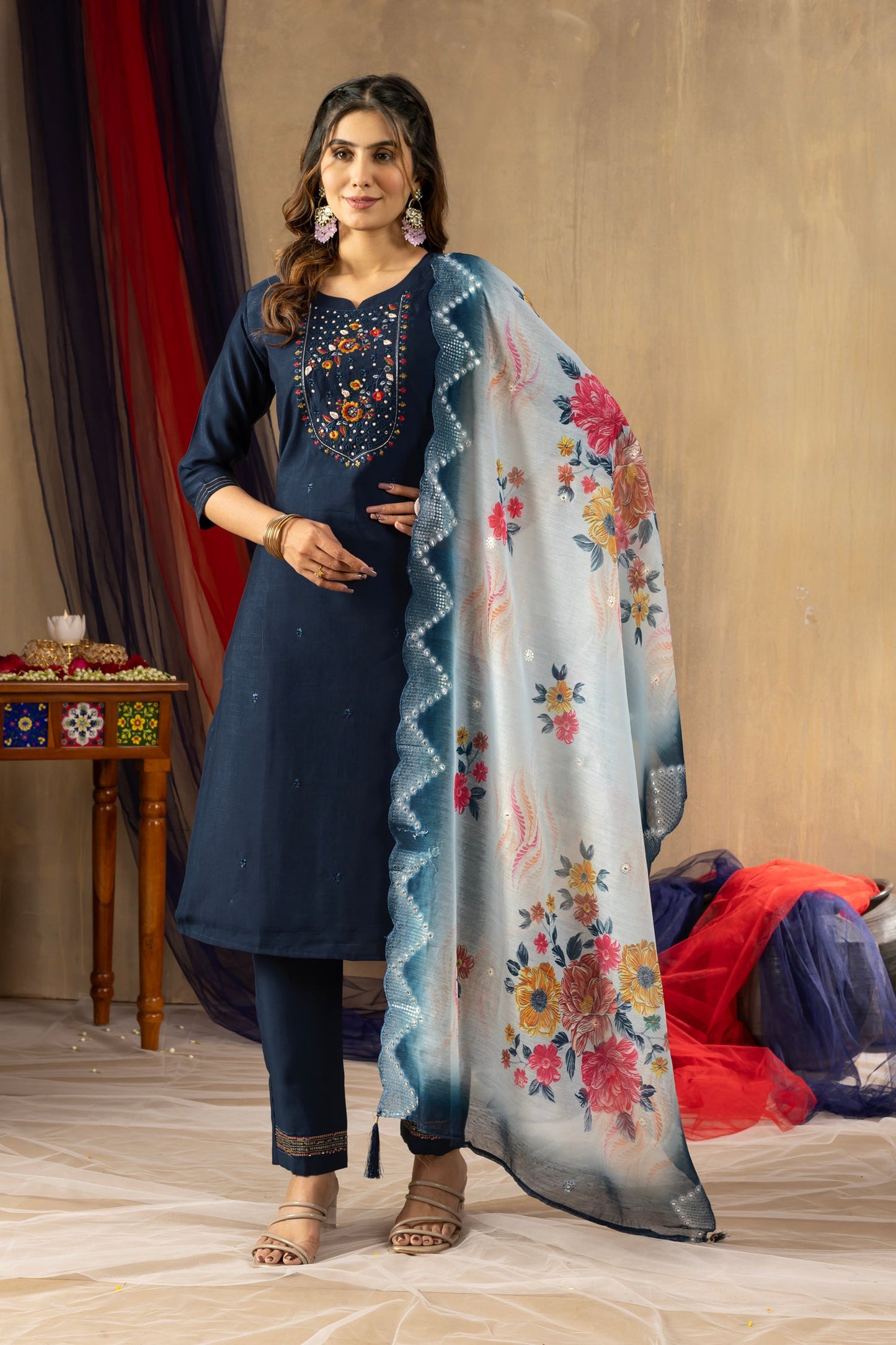 Lorenvalley Fashion Blue Viscose mango silk Multi Embroidery Thread with Hand Work Kurta Pant Dupatta - Swadesiicart