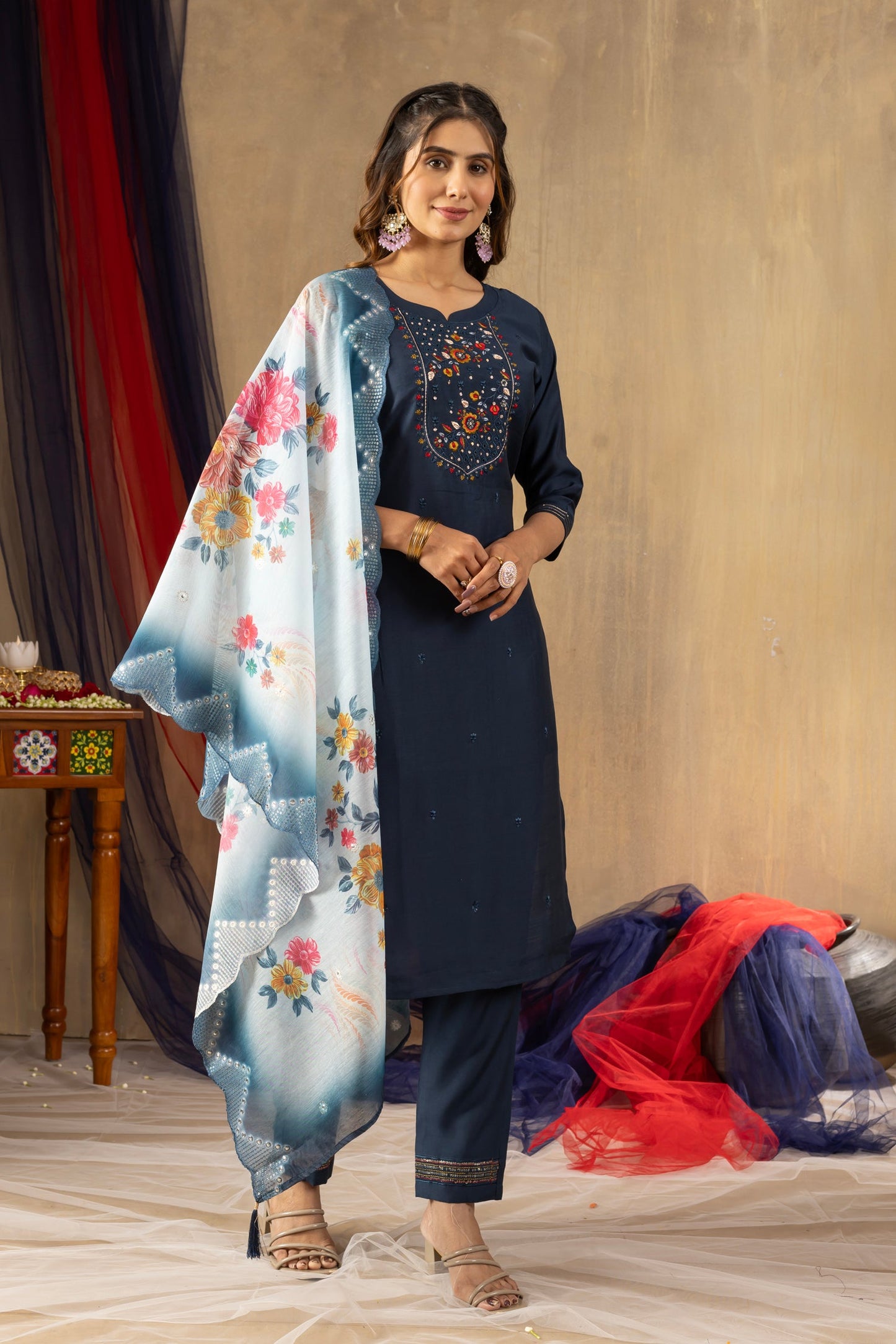 Lorenvalley Fashion Blue Viscose mango silk Multi Embroidery Thread with Hand Work Kurta Pant Dupatta - Swadesiicart