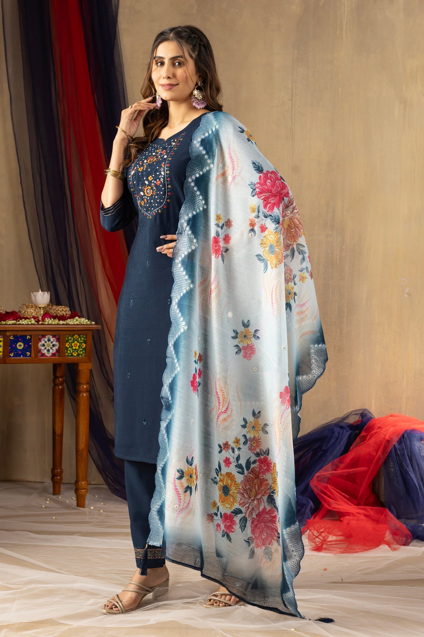 Lorenvalley Fashion Blue Viscose mango silk Multi Embroidery Thread with Hand Work Kurta Pant Dupatta - Swadesiicart
